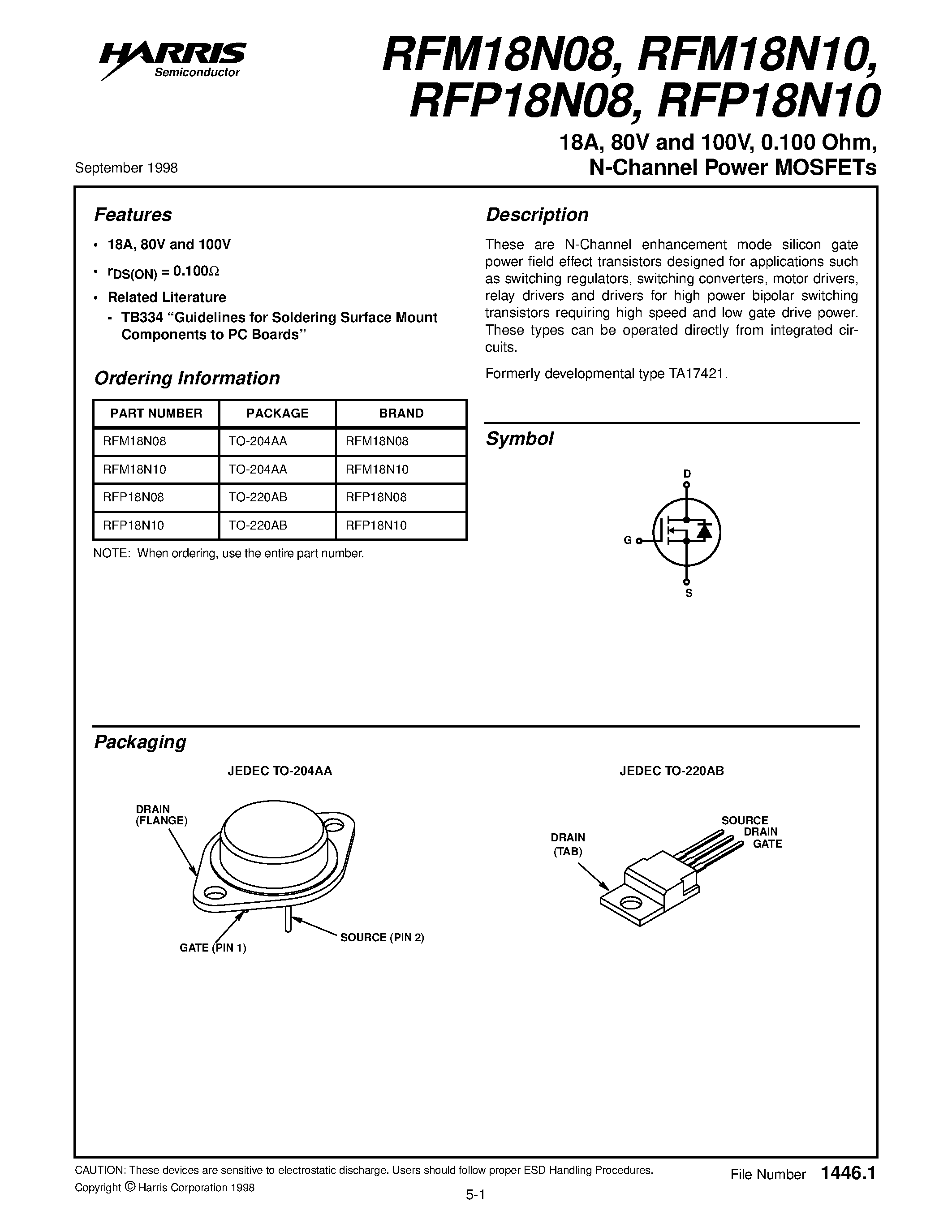 Datasheet RFM18N10 page 1 Datasheet RFM18N10 - 18A/ 80V and 100V/ 0.100 Ohm/ N-Channel Power MOSFETs page 1