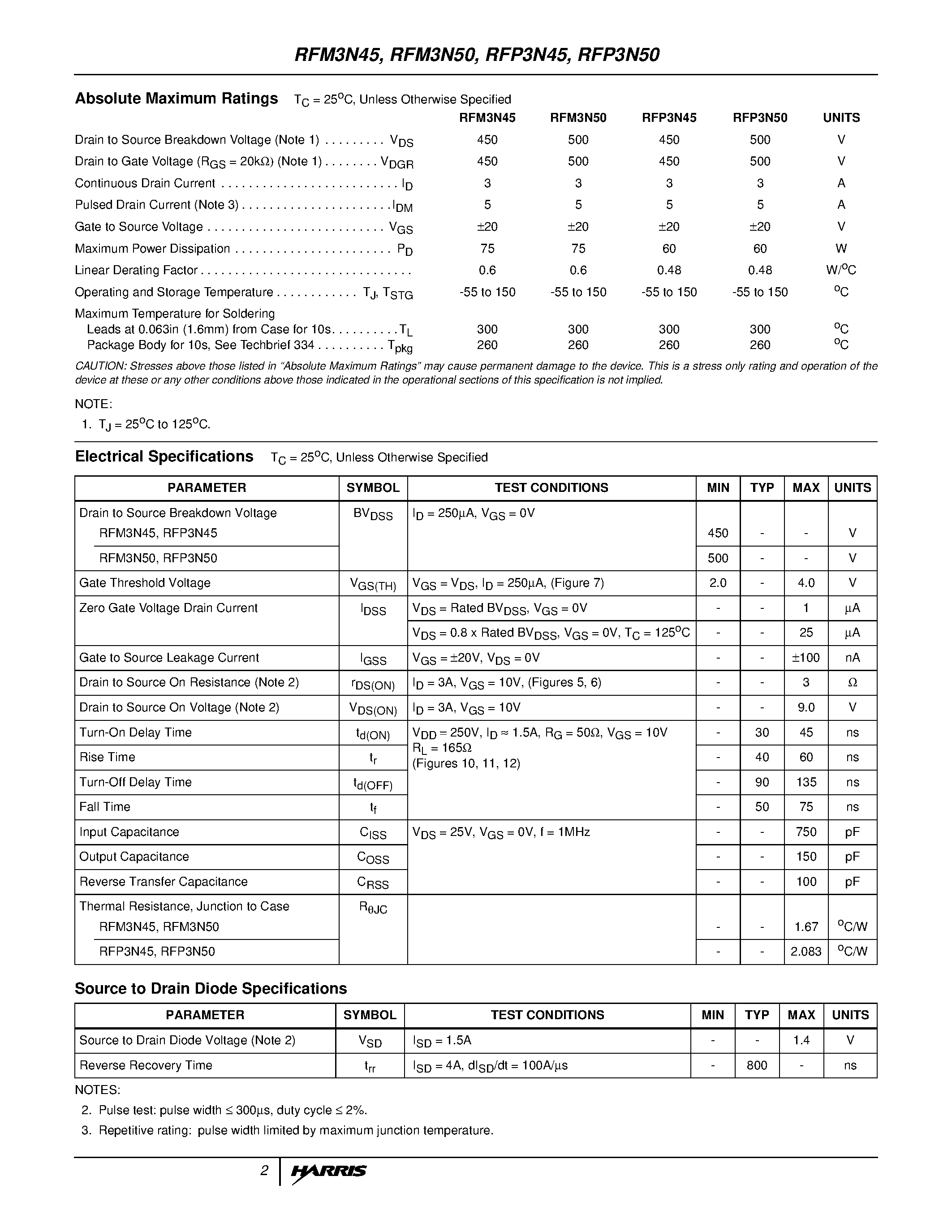Datasheet RFM3N50 - 3A/ 450V and 500V/ 3 Ohm/ N-Channel Power MOSFETs page 2