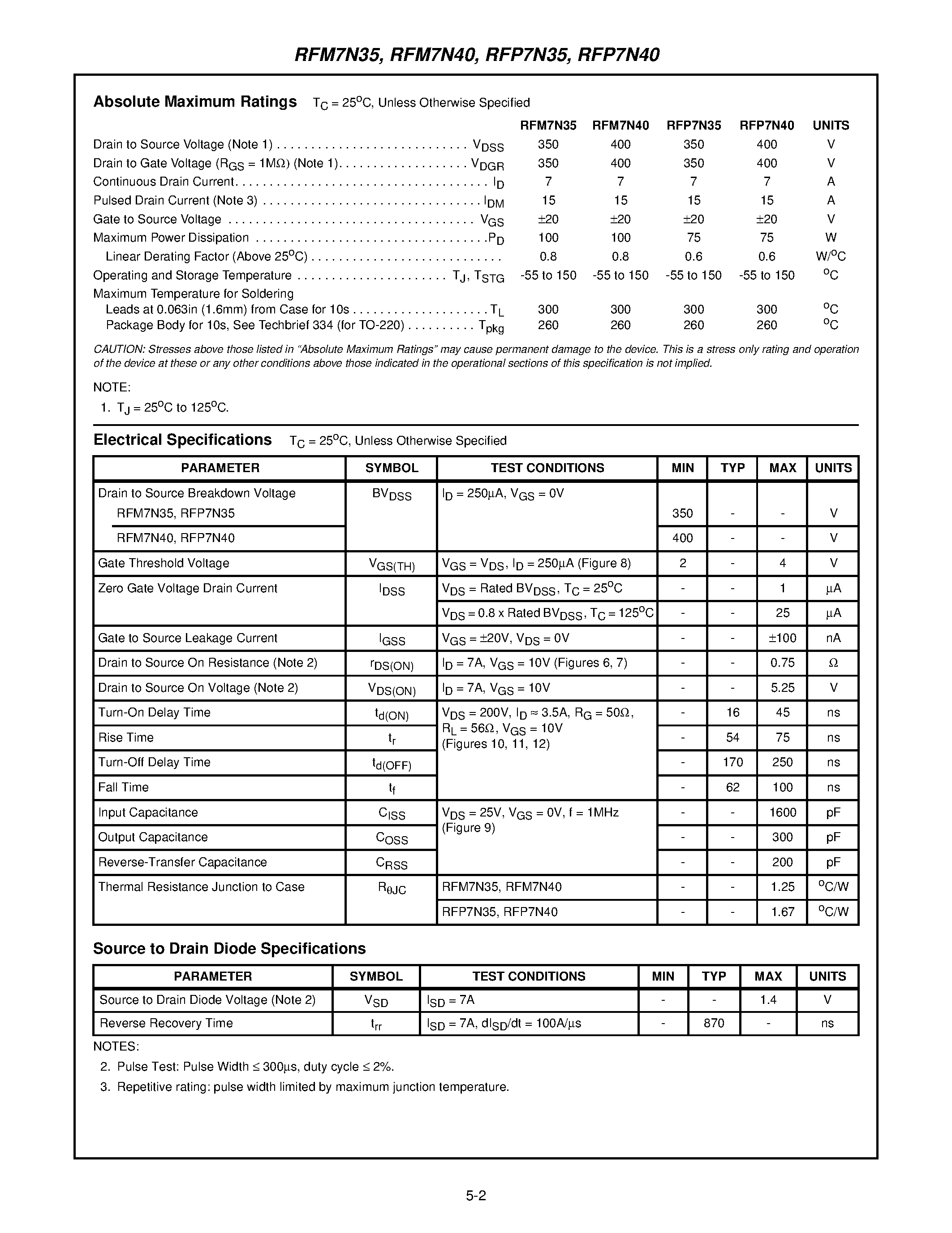 Datasheet RFM7N35 - 7A/ 350V and 400V/ 0.75 Ohm/ N-Channel Power MOSFETs page 2