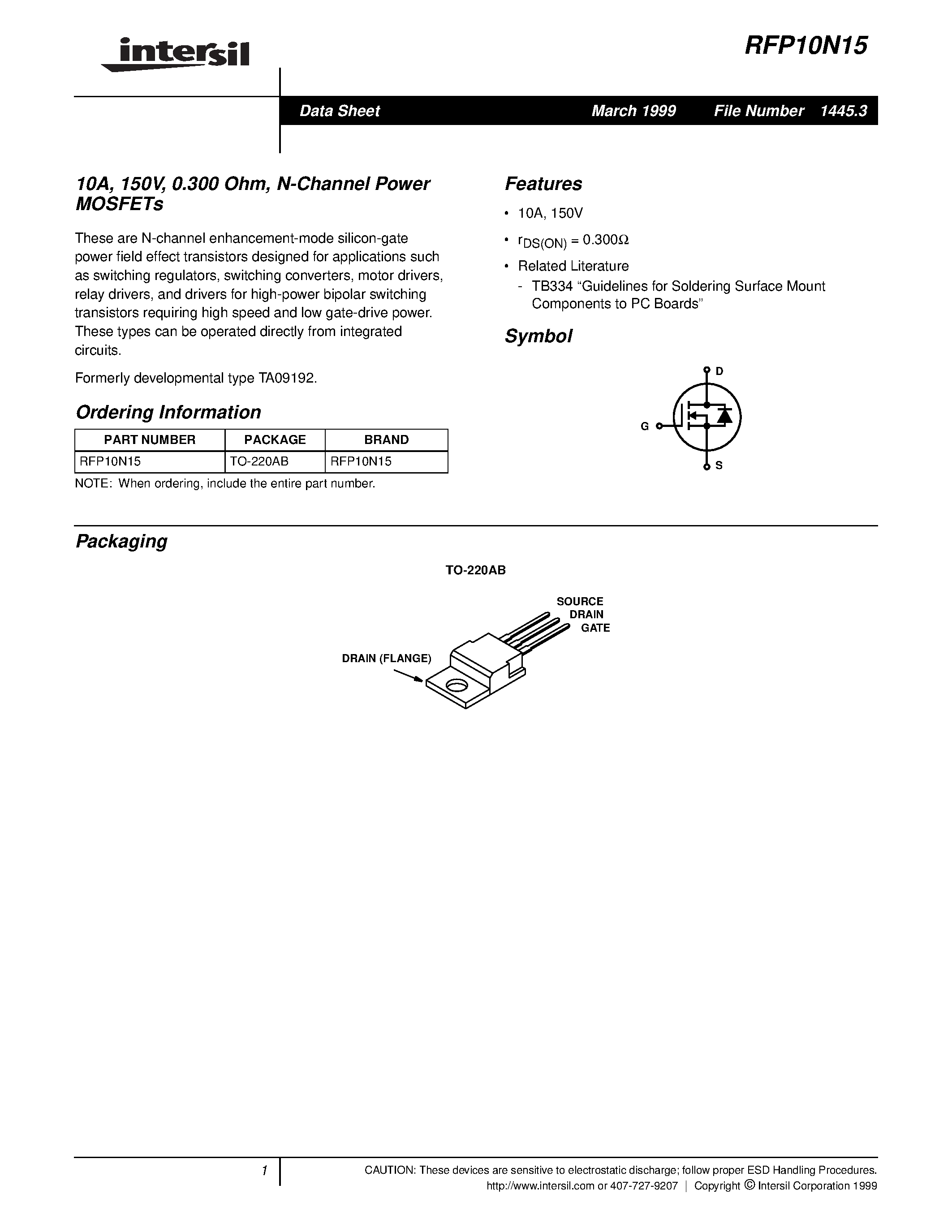 Datasheet RFP10N15 - 10A/ 150V/ 0.300 Ohm/ N-Channel Power MOSFETs page 1
