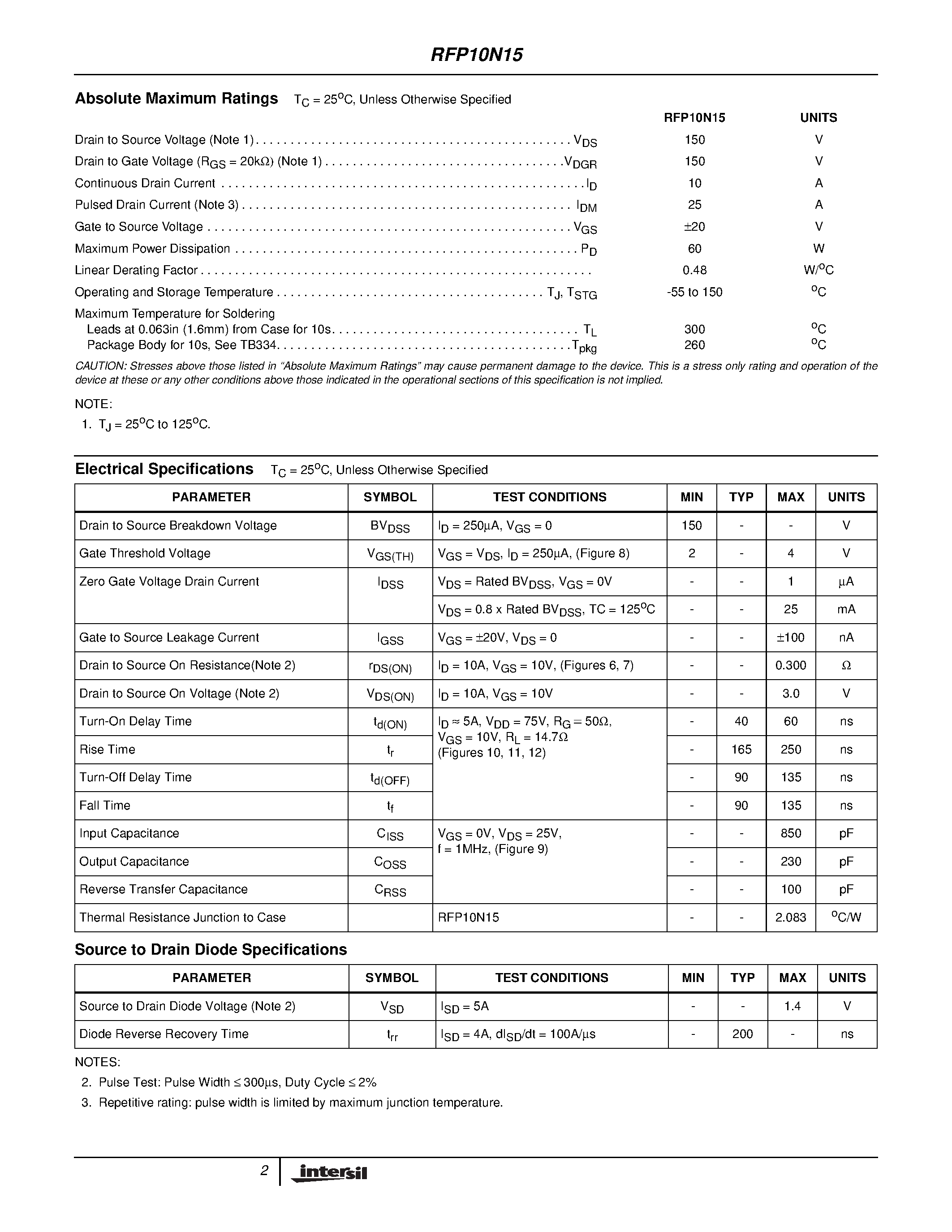 Datasheet RFP10N15 - 10A/ 150V/ 0.300 Ohm/ N-Channel Power MOSFETs page 2