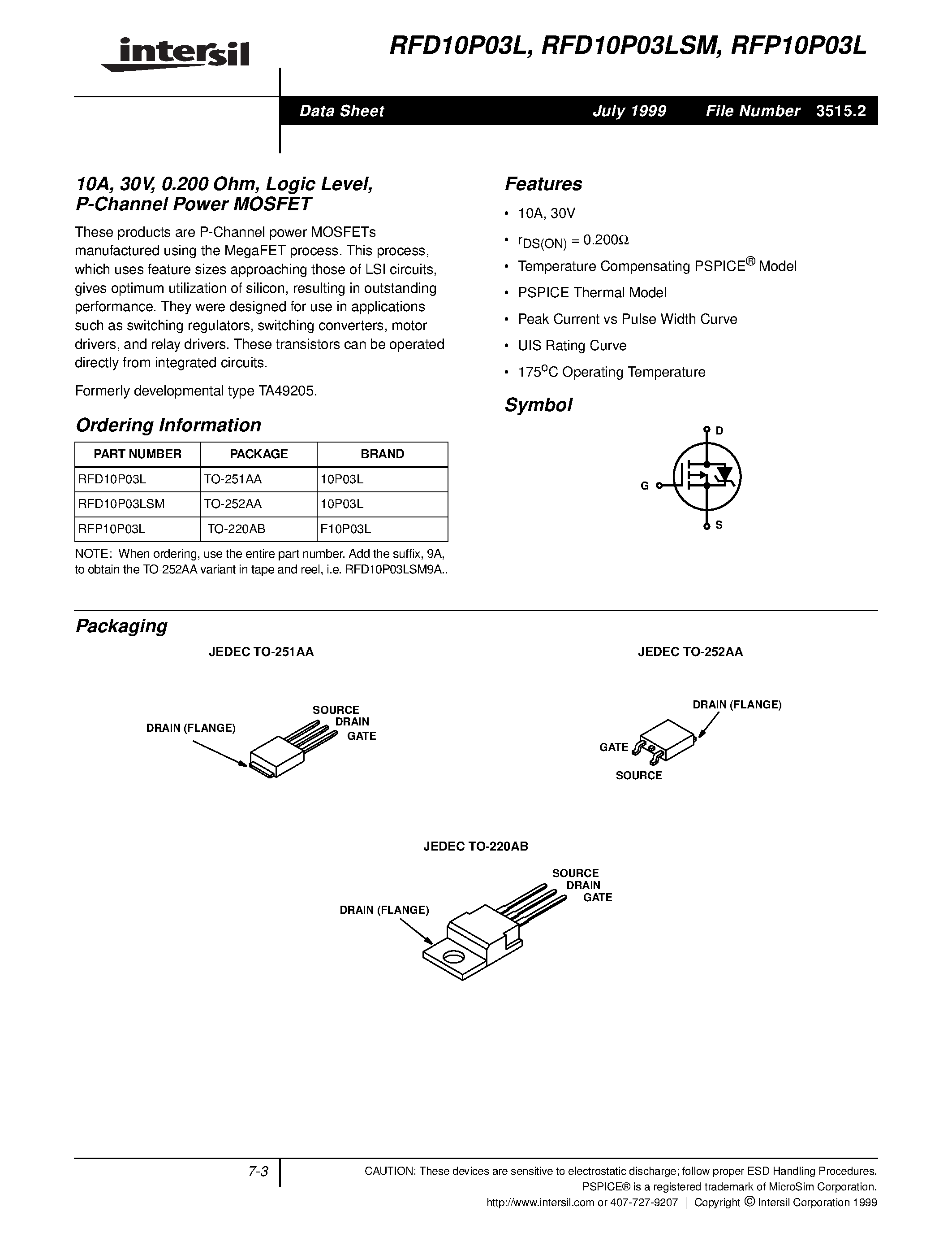 Datasheet RFP10P03L - 10A/ 30V/ 0.200 Ohm/ Logic Level/ P-Channel Power MOSFET page 1
