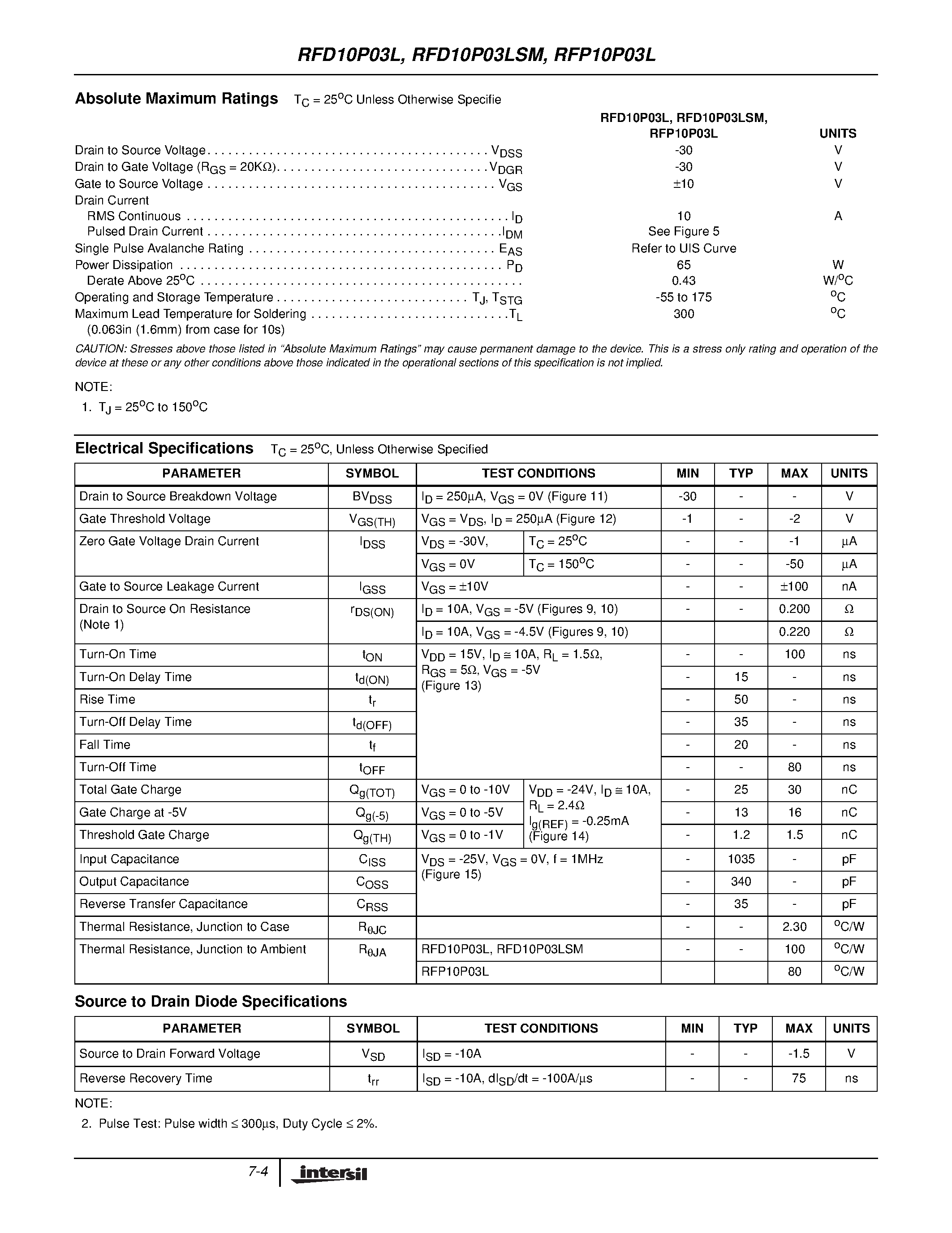 Datasheet RFP10P03L - 10A/ 30V/ 0.200 Ohm/ Logic Level/ P-Channel Power MOSFET page 2