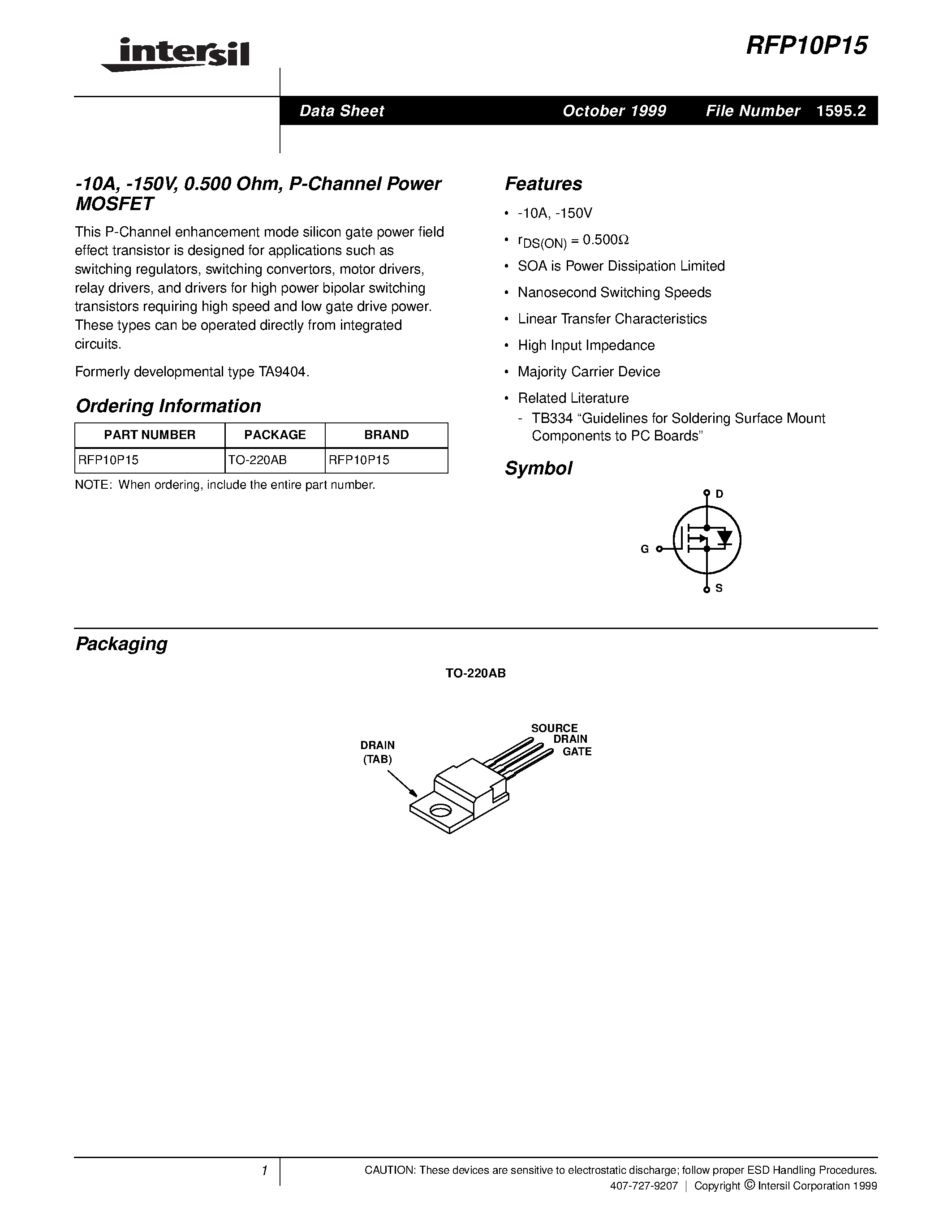 Datasheet RFP10P15 - -10A/ -150V/ 0.500 Ohm/ P-Channel Power MOSFET page 1