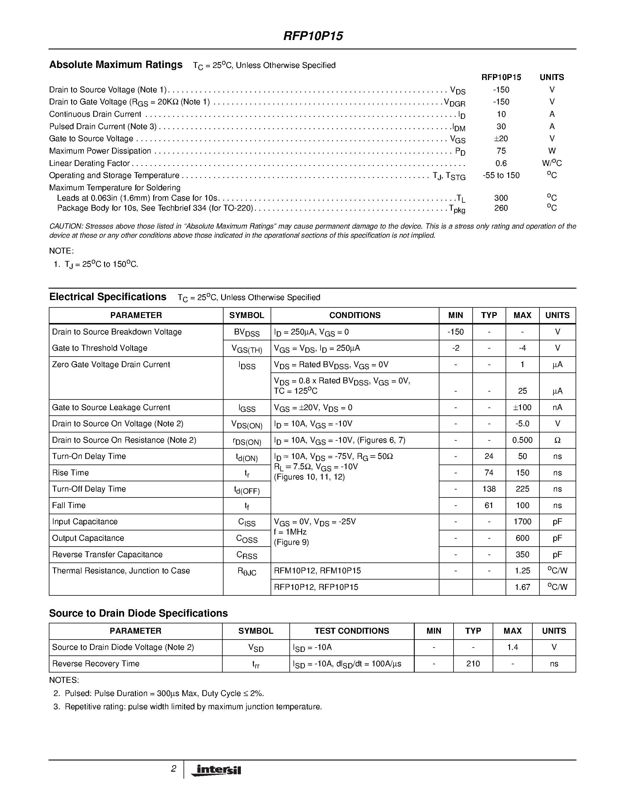 Datasheet RFP10P15 - -10A/ -150V/ 0.500 Ohm/ P-Channel Power MOSFET page 2