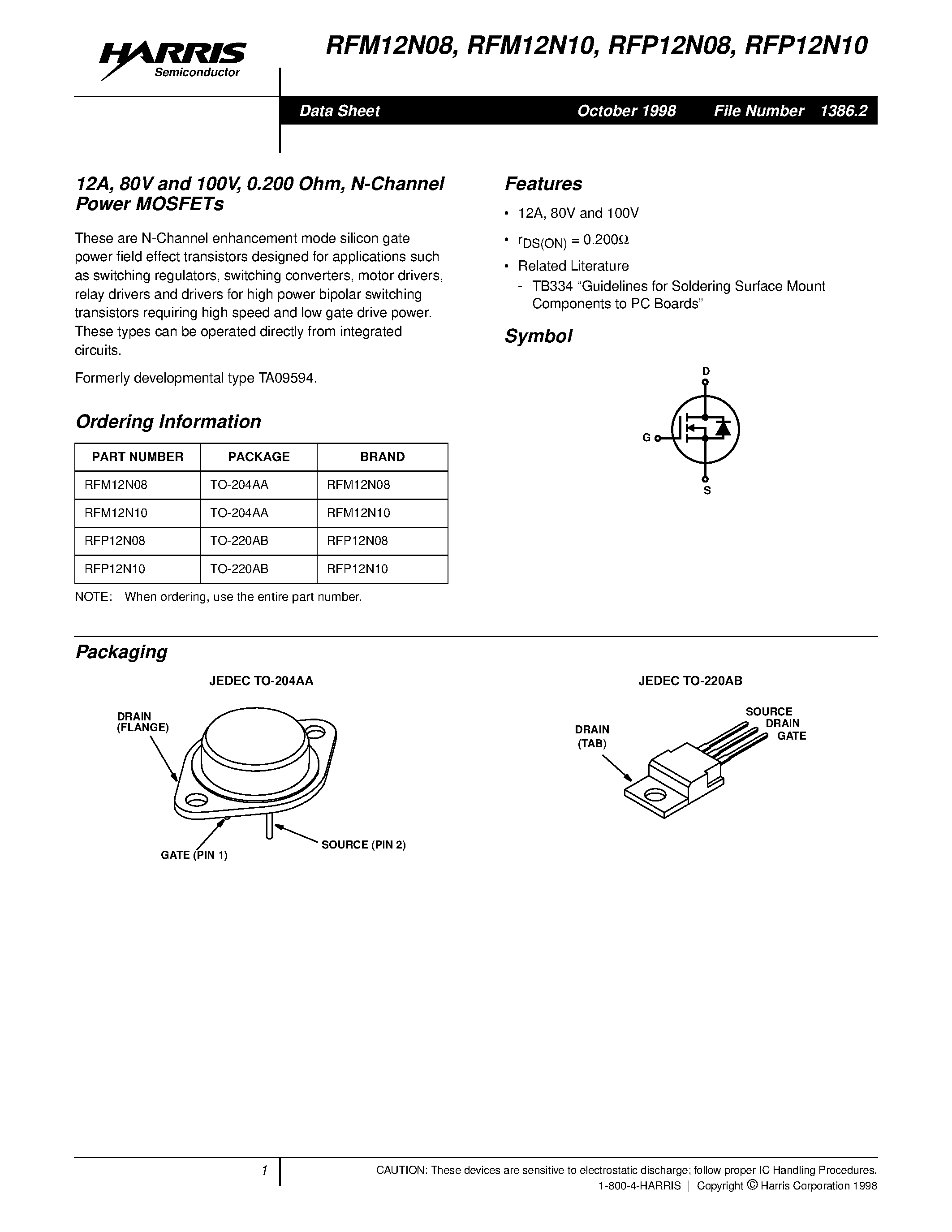 Datasheet RFP12N10 - 12A/ 80V and 100V/ 0.200 Ohm/ N-Channel Power MOSFETs page 1