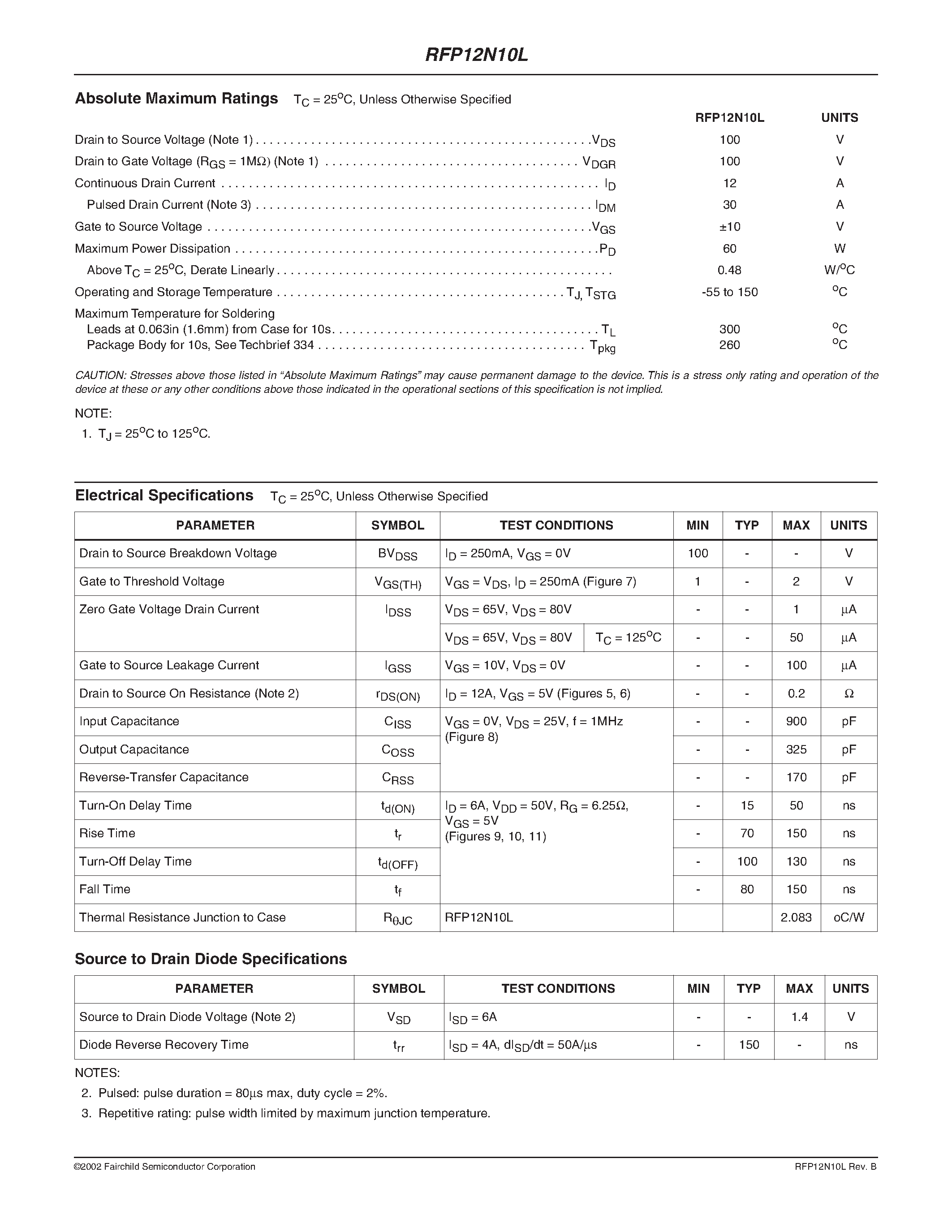 Datasheet RFP12N10L page 2 Datasheet RFP12N10L - 12A/ 100V/ 0.200 Ohm/ Logic Level/ N-Channel Power MOSFET page 2