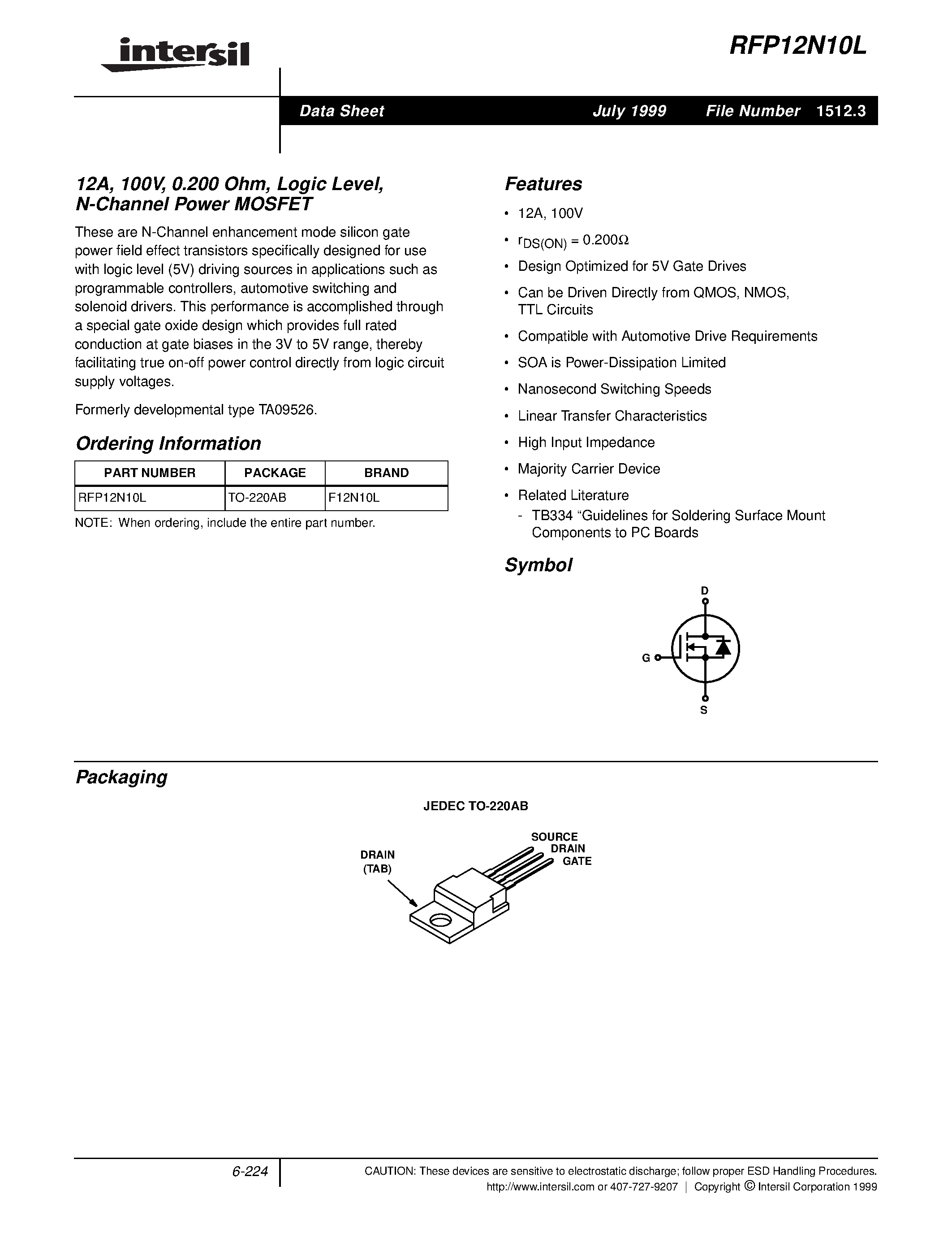 Datasheet RFP12N10L - 12A/ 100V/ 0.200 Ohm/ Logic Level/ N-Channel Power MOSFET page 1