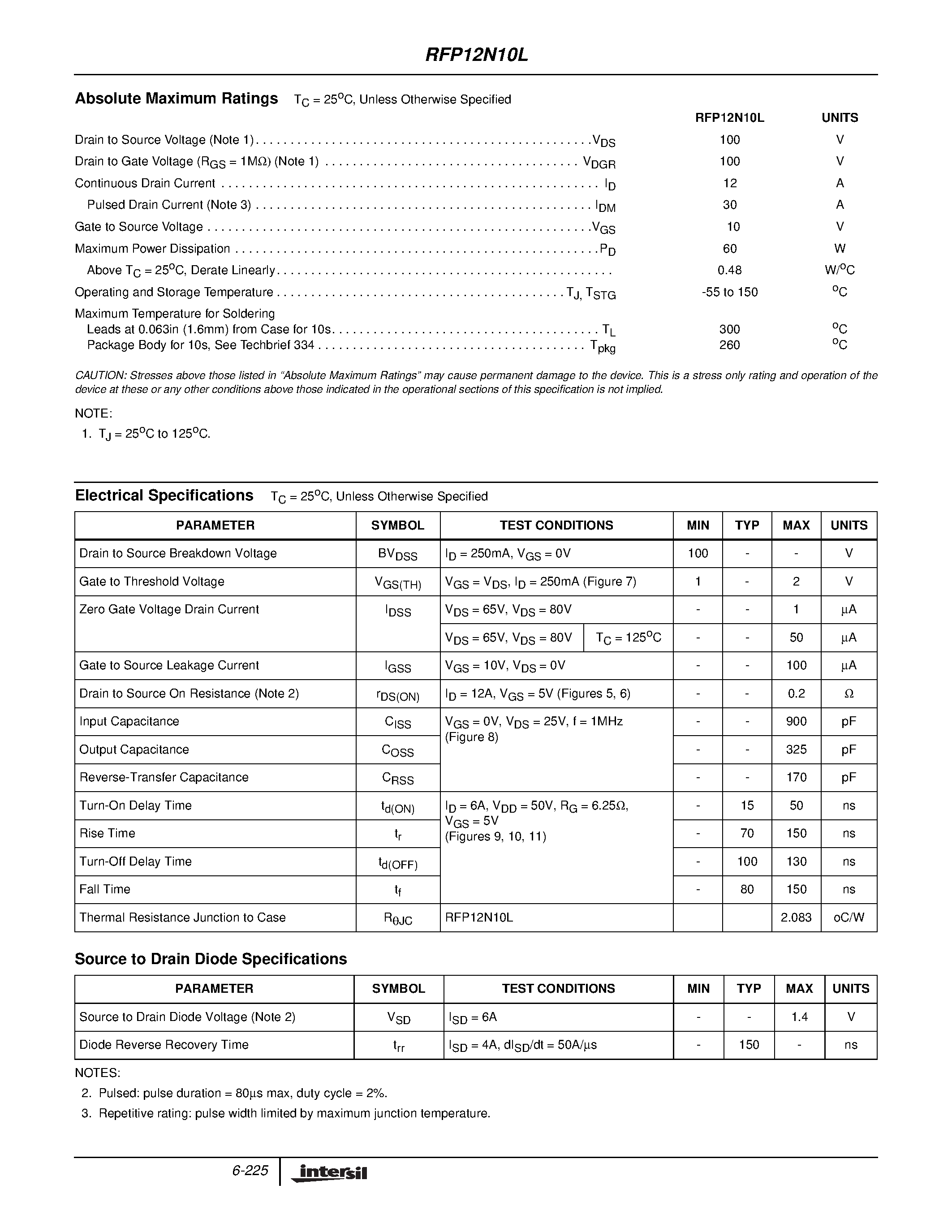 Datasheet RFP12N10L - 12A/ 100V/ 0.200 Ohm/ Logic Level/ N-Channel Power MOSFET page 2