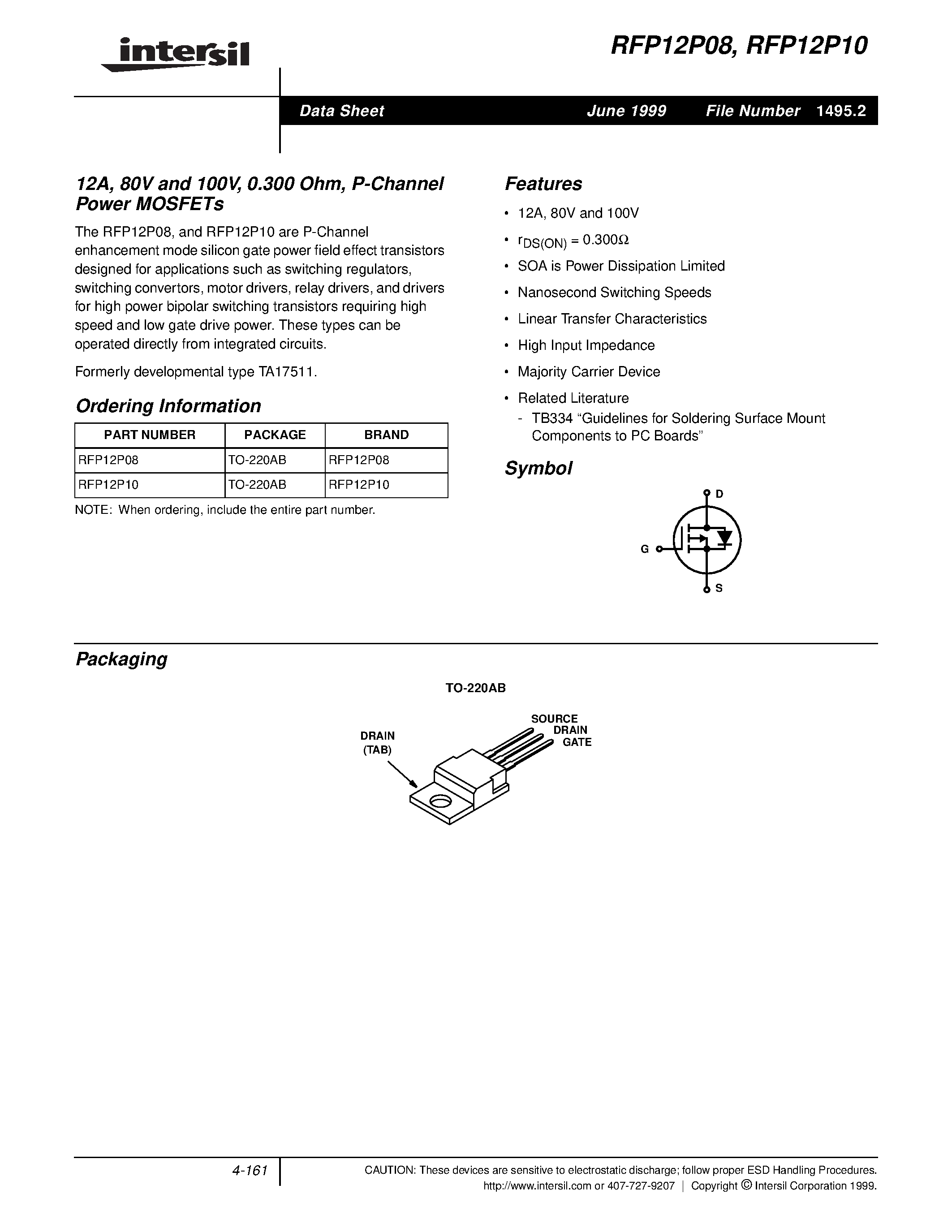 Datasheet RFP12P10 - 12A/ 80V and 100V/ 0.300 Ohm/ P-Channel Power MOSFETs page 1