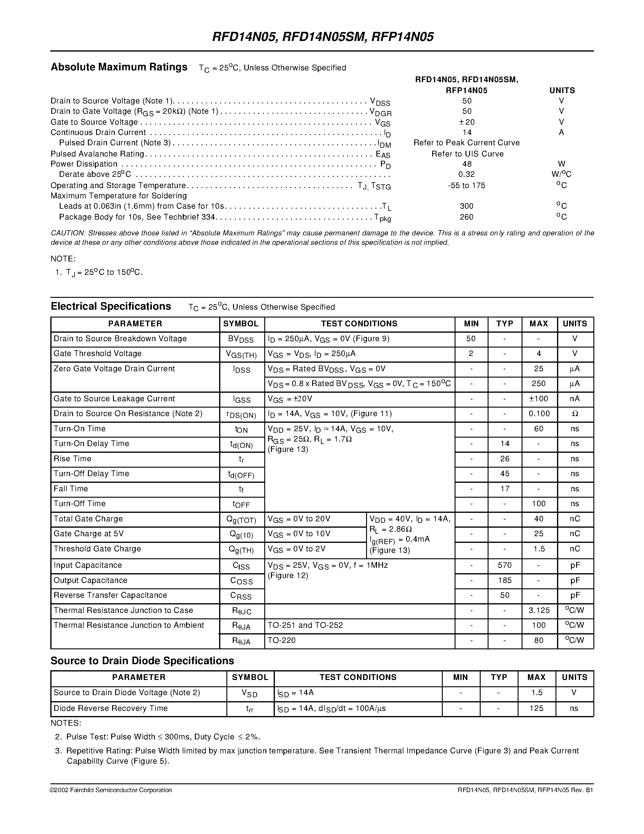 Datasheet RFP14N05 - 14A/ 50V/ 0.100 Ohm/ N-Channel Power MOSFETs page 2