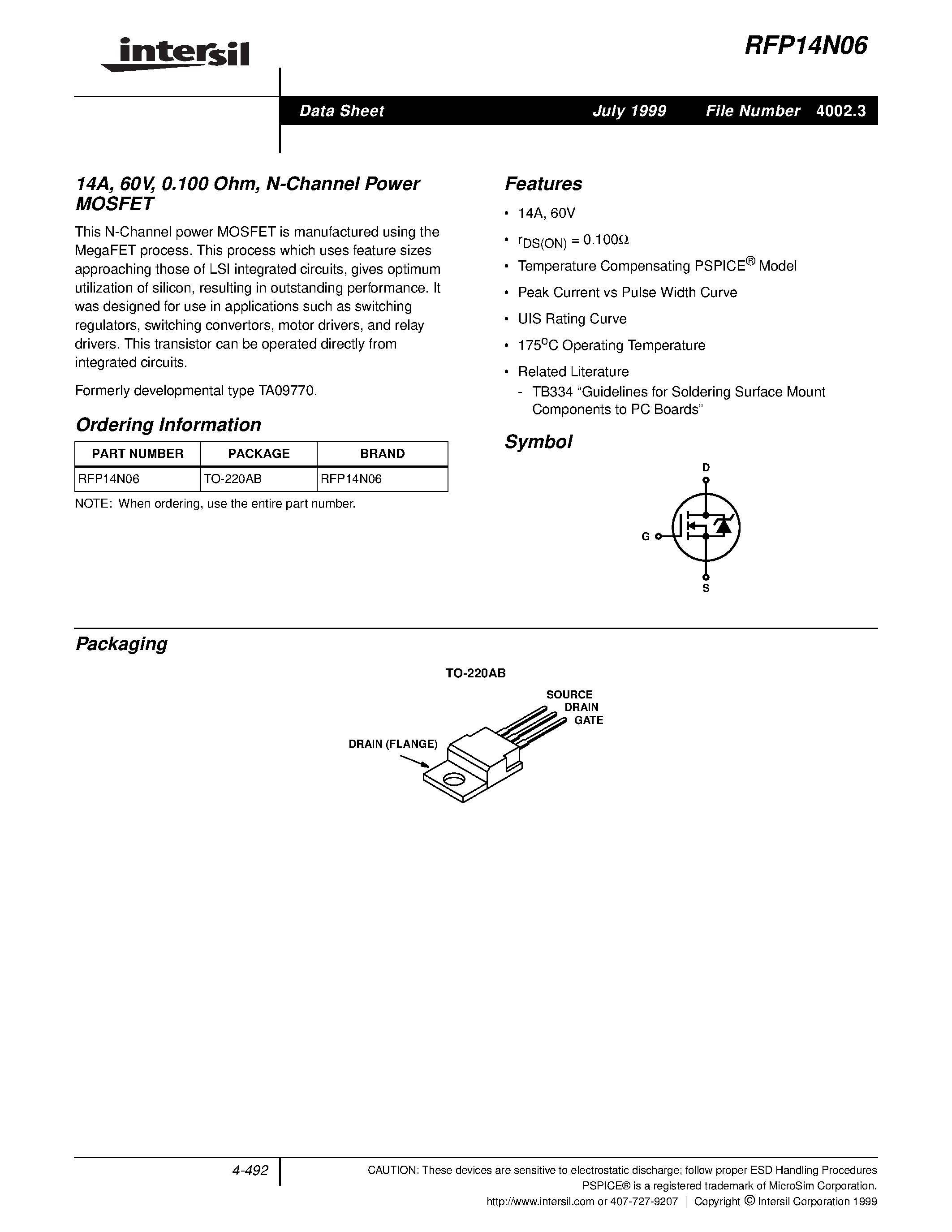 Datasheet RFP14N06 - 14A/ 60V/ 0.100 Ohm/ N-Channel Power MOSFET page 1