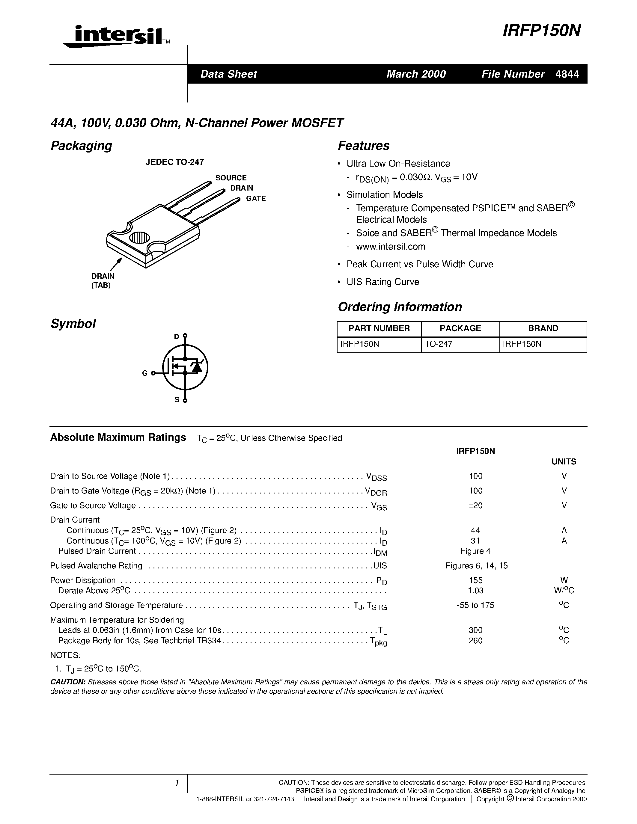 Datasheet RFP150N - 44A/ 100V/ 0.030 Ohm/ N-Channel Power MOSFET page 1