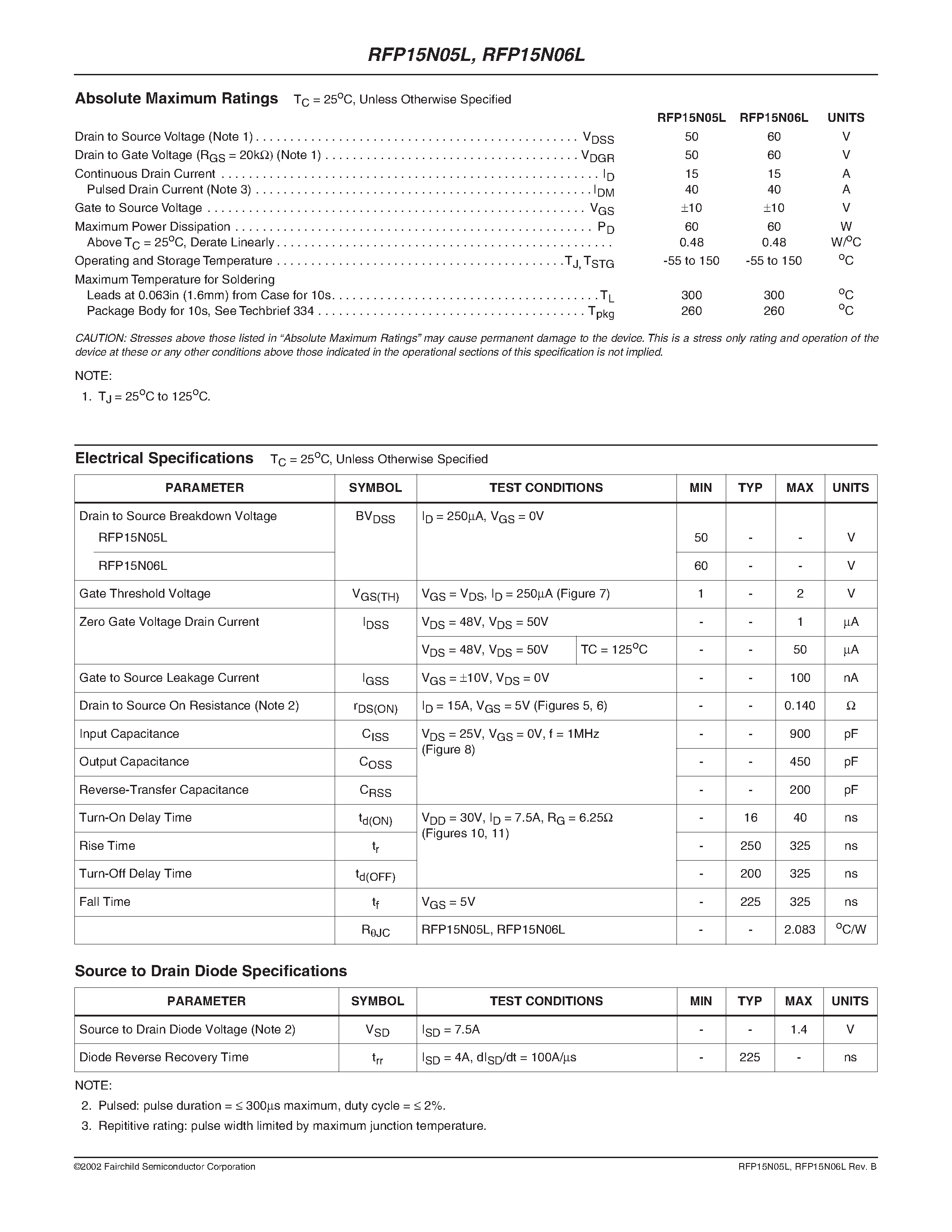 Datasheet RFP15N05 - 15A/ 50V and 60V/ 0.140 Ohm/ Logic Level N-Channel Power MOSFETs page 2