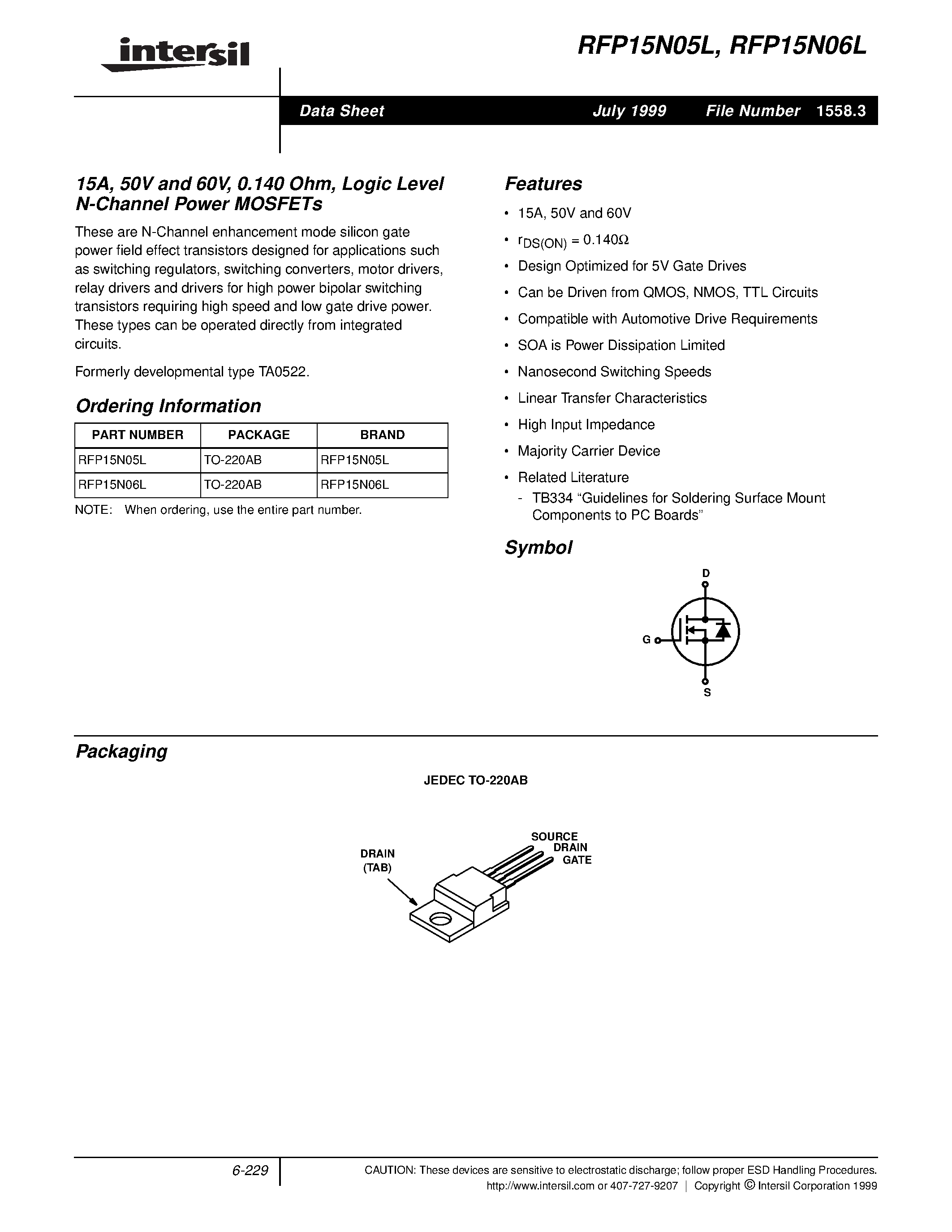 Datasheet RFP15N05 - 15A/ 50V and 60V/ 0.140 Ohm/ Logic Level N-Channel Power MOSFETs page 1