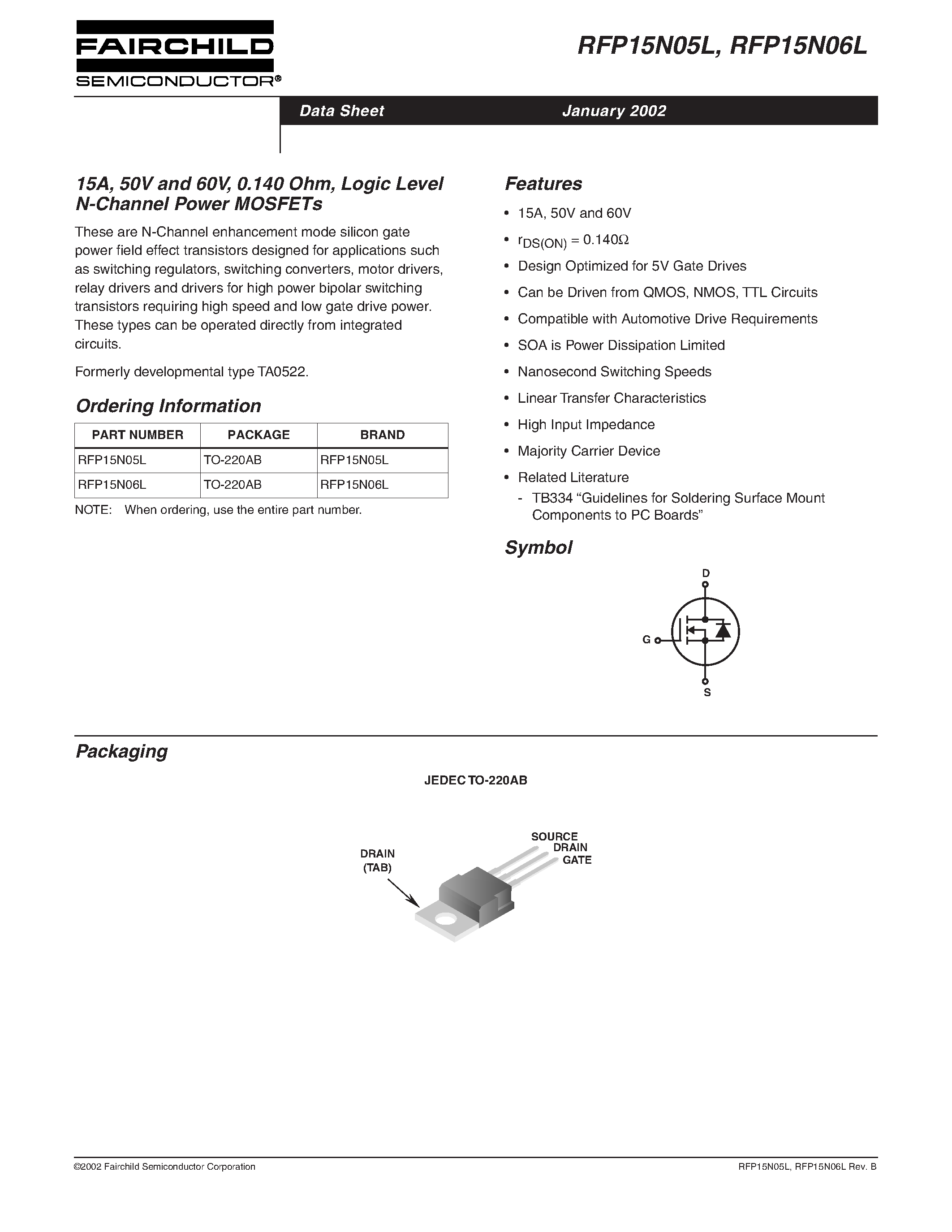 Datasheet RFP15N05L - 15A/ 50V and 60V/ 0.140 Ohm/ Logic Level N-Channel Power MOSFETs page 1