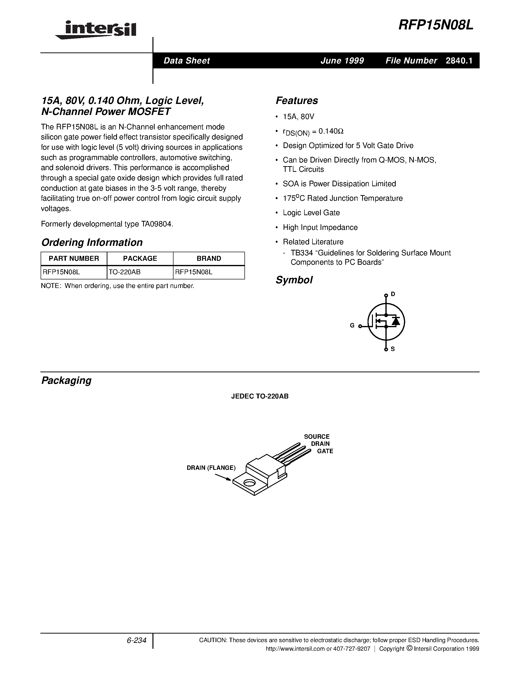 Datasheet RFP15N08L - 15A/ 80V/ 0.140 Ohm/ Logic Level/ N-Channel Power MOSFET page 1