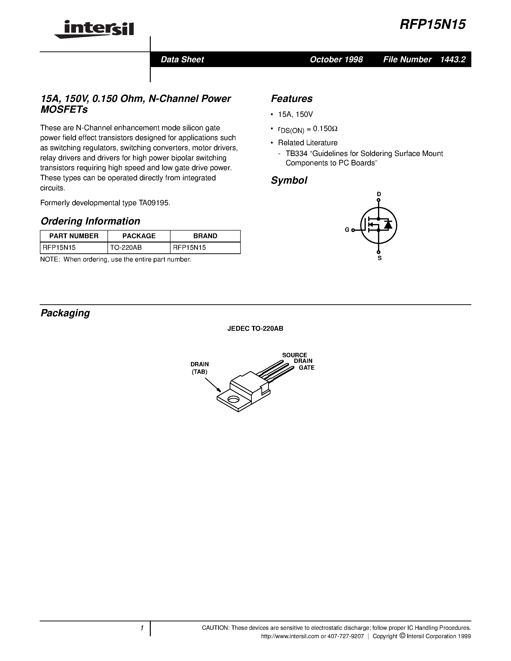 Datasheet RFP15N15 page 1 Datasheet RFP15N15 - 15A/ 150V/ 0.150 Ohm/ N-Channel Power MOSFETs page 1