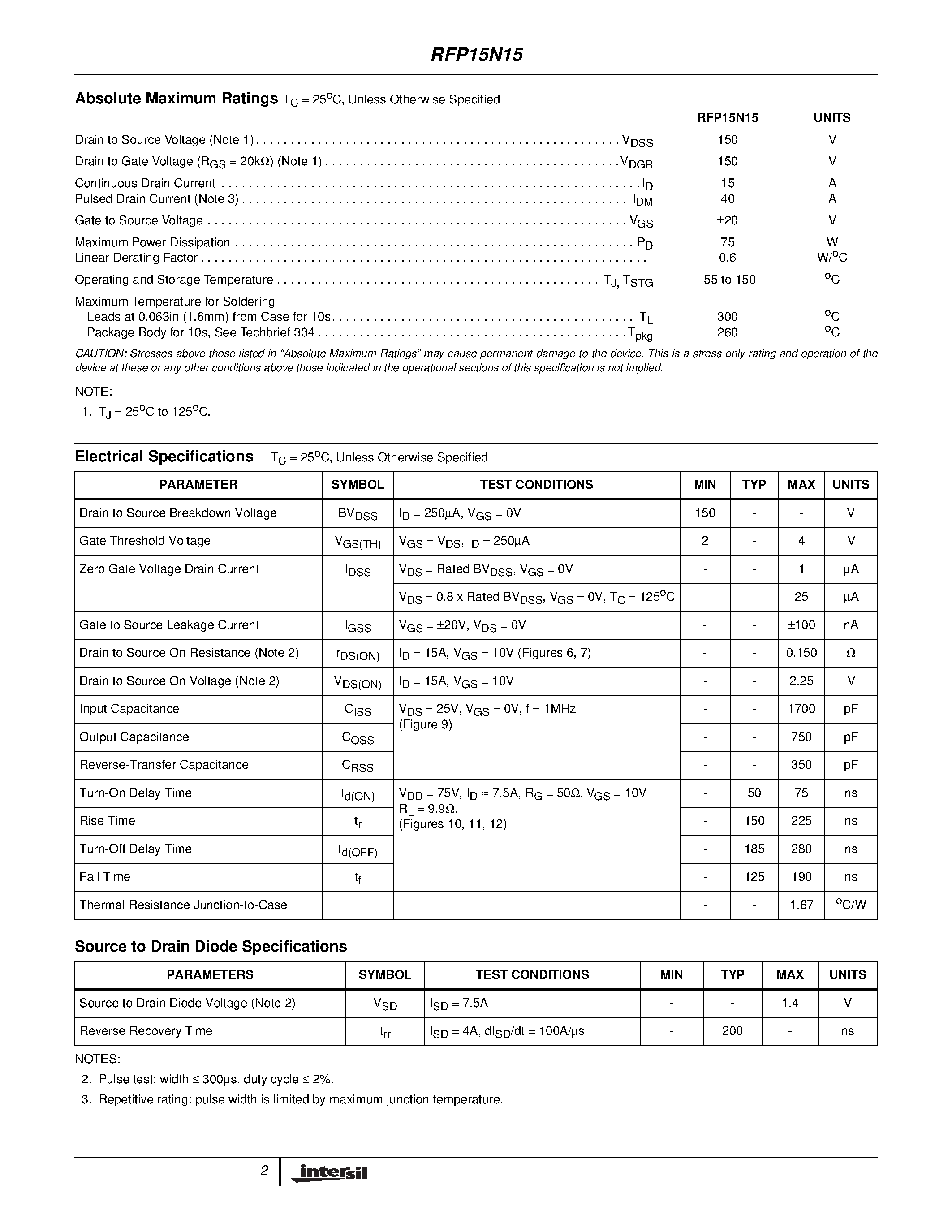Datasheet RFP15N15 page 2 Datasheet RFP15N15 - 15A/ 150V/ 0.150 Ohm/ N-Channel Power MOSFETs page 2
