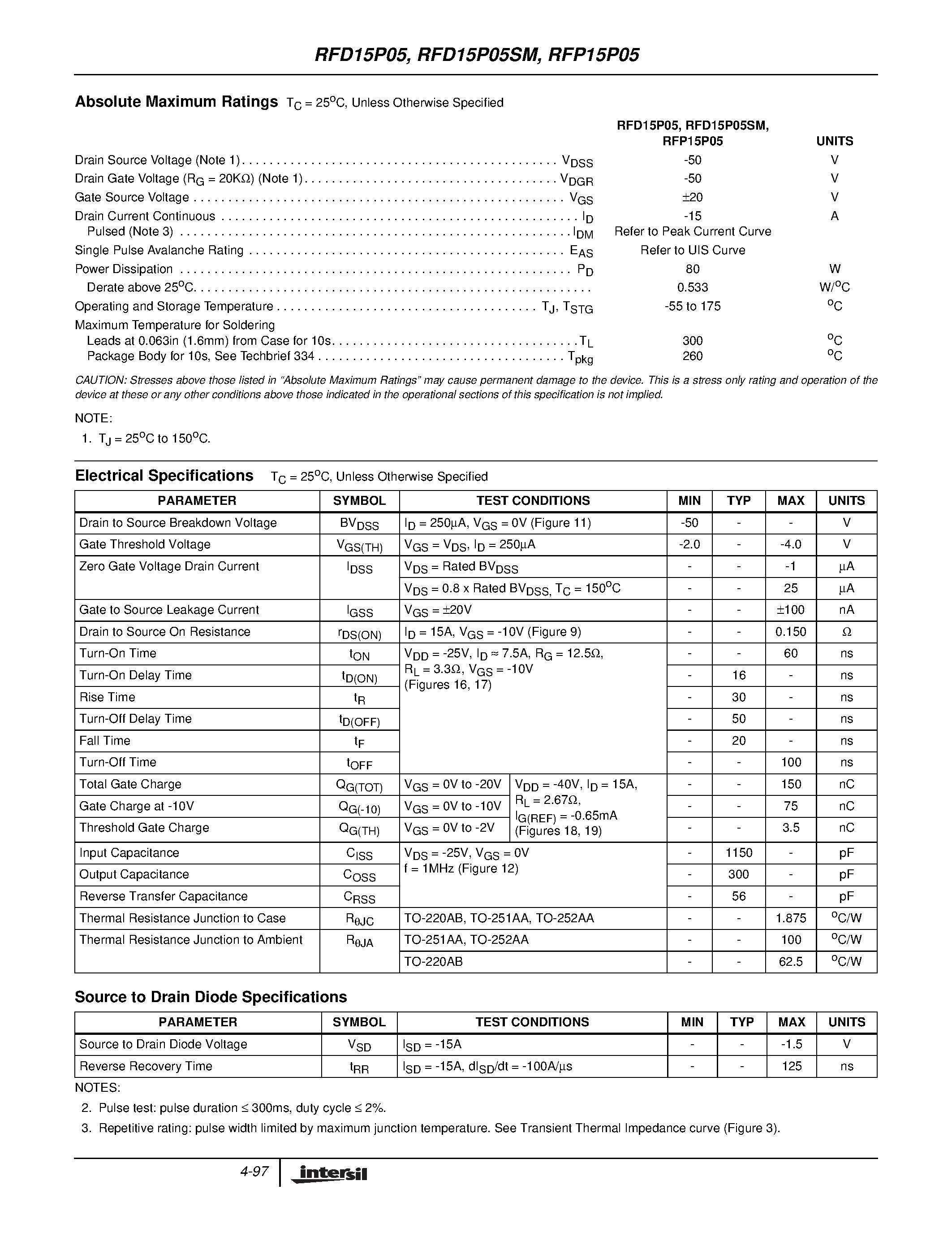 Datasheet RFP15P05 - 15A/ 50V/ 0.150 Ohm/ P-Channel Power MOSFETs page 2