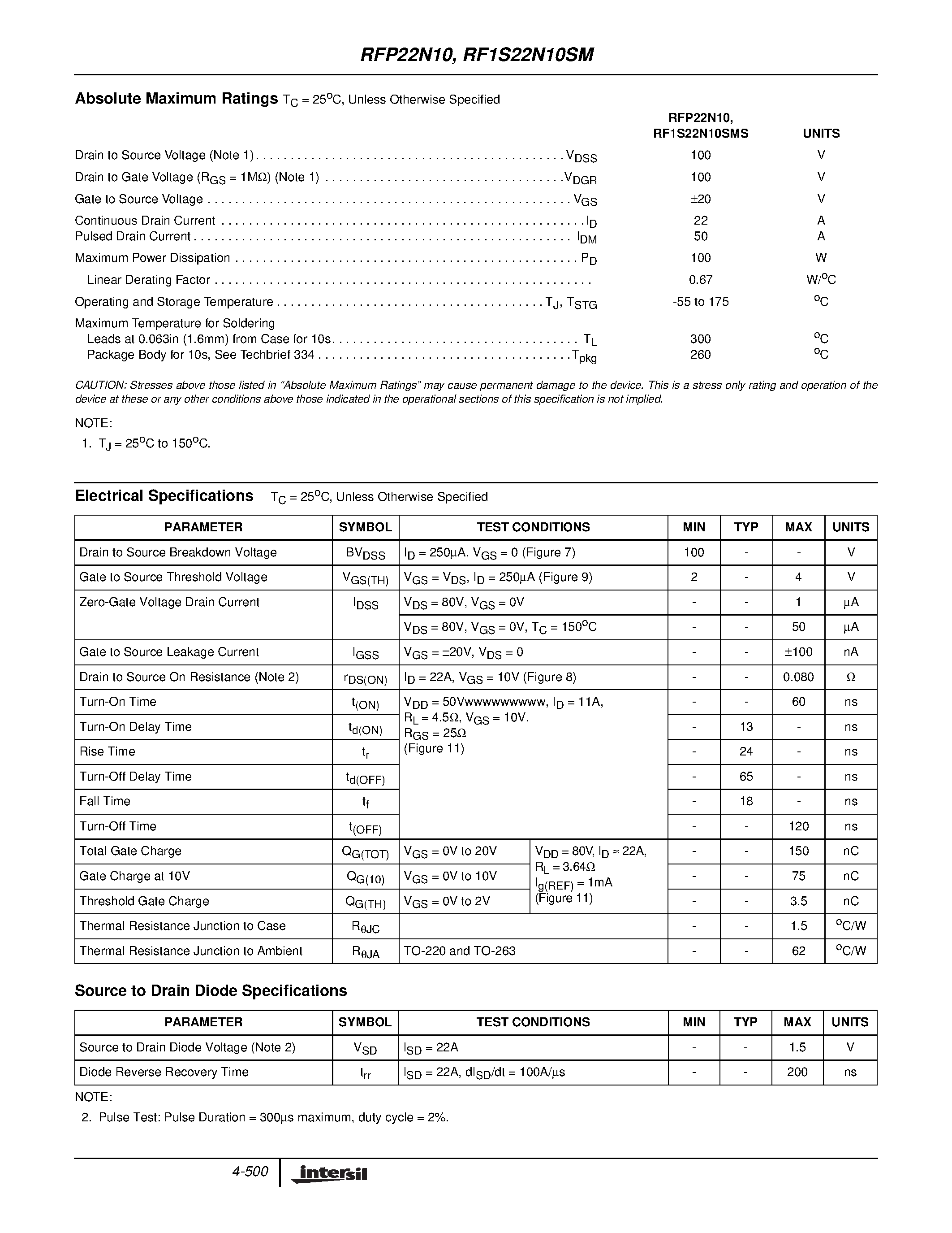 Datasheet RFP22N10 page 2 Datasheet RFP22N10 - 22A/ 100V/ 0.080 Ohm/ N-Channel Power MOSFETs page 2