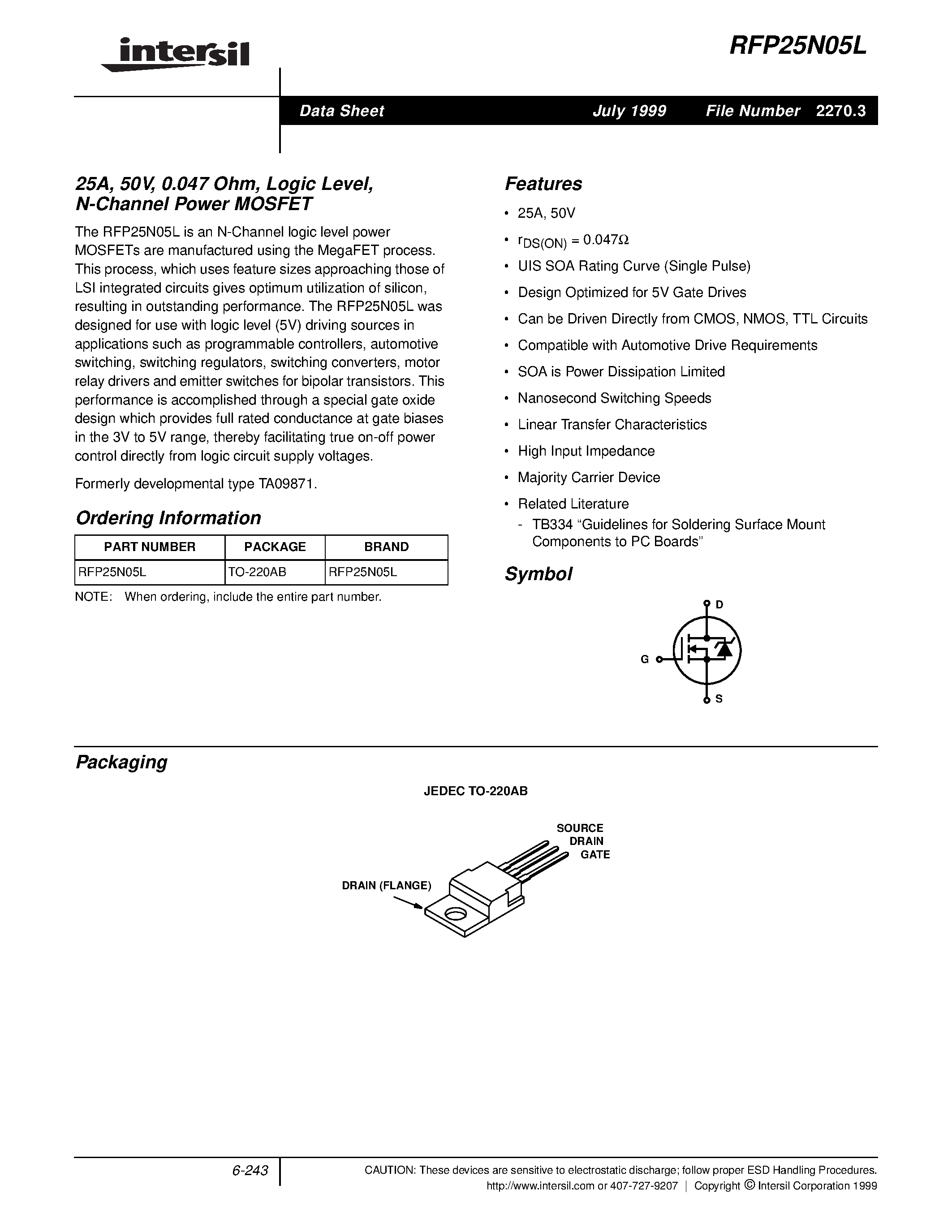 Datasheet RFP25N05L - 25A/ 50V/ 0.047 Ohm/ Logic Level/ N-Channel Power MOSFET page 1