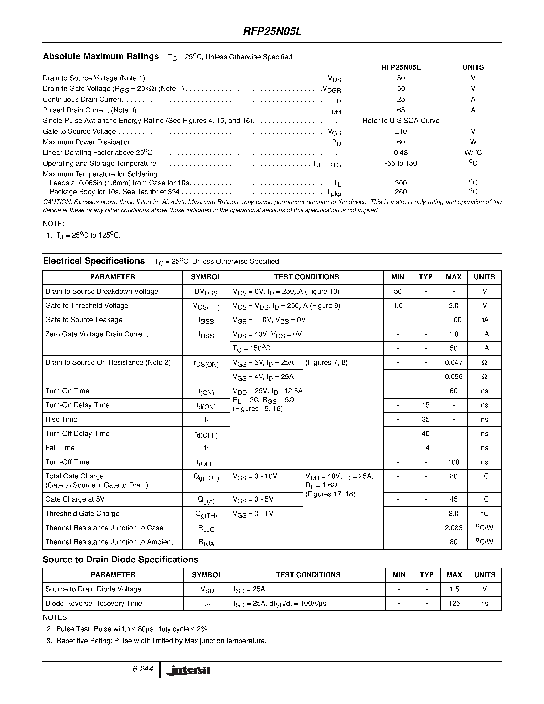 Datasheet RFP25N05L - 25A/ 50V/ 0.047 Ohm/ Logic Level/ N-Channel Power MOSFET page 2