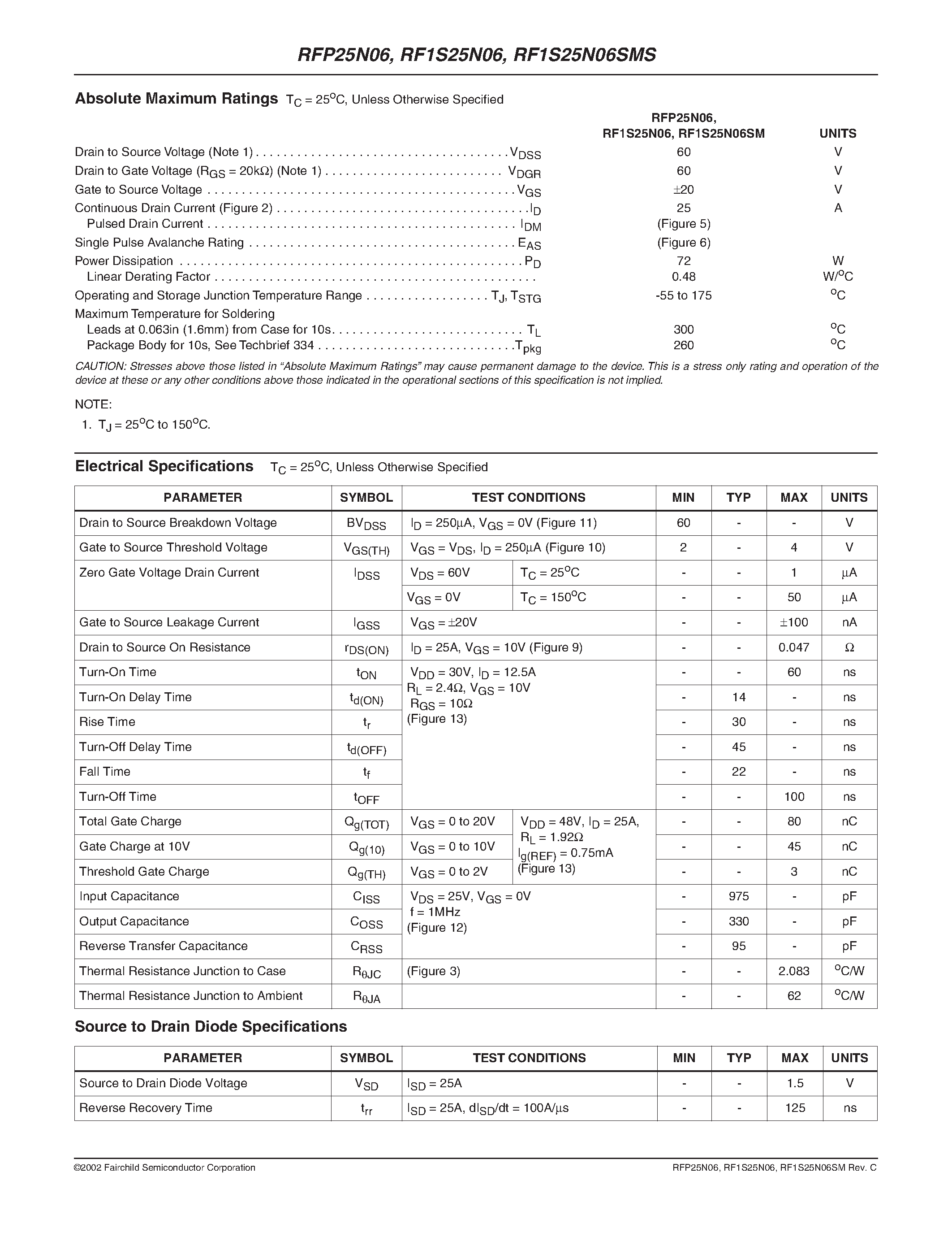 Datasheet RFP25N06 - 25A/ 60V/ 0.047 Ohm/ N-Channel Power MOSFETs page 2
