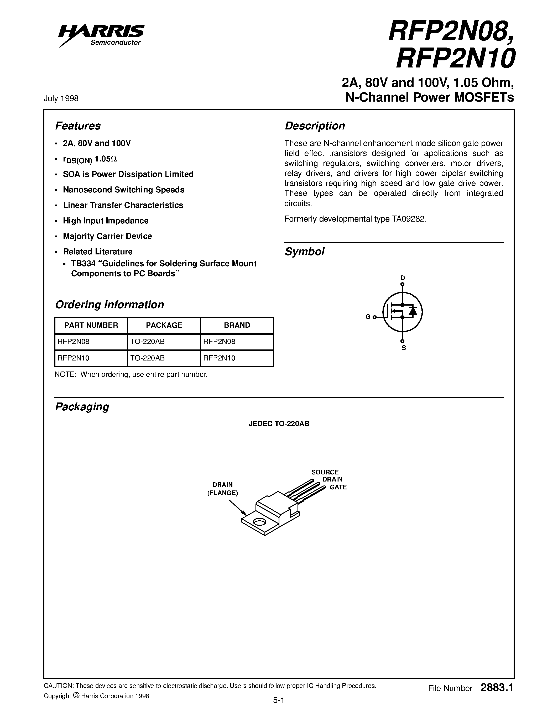 Datasheet RFP2N08 - 2A/ 80V and 100V/ 1.05 Ohm/ N-Channel Power MOSFETs page 1