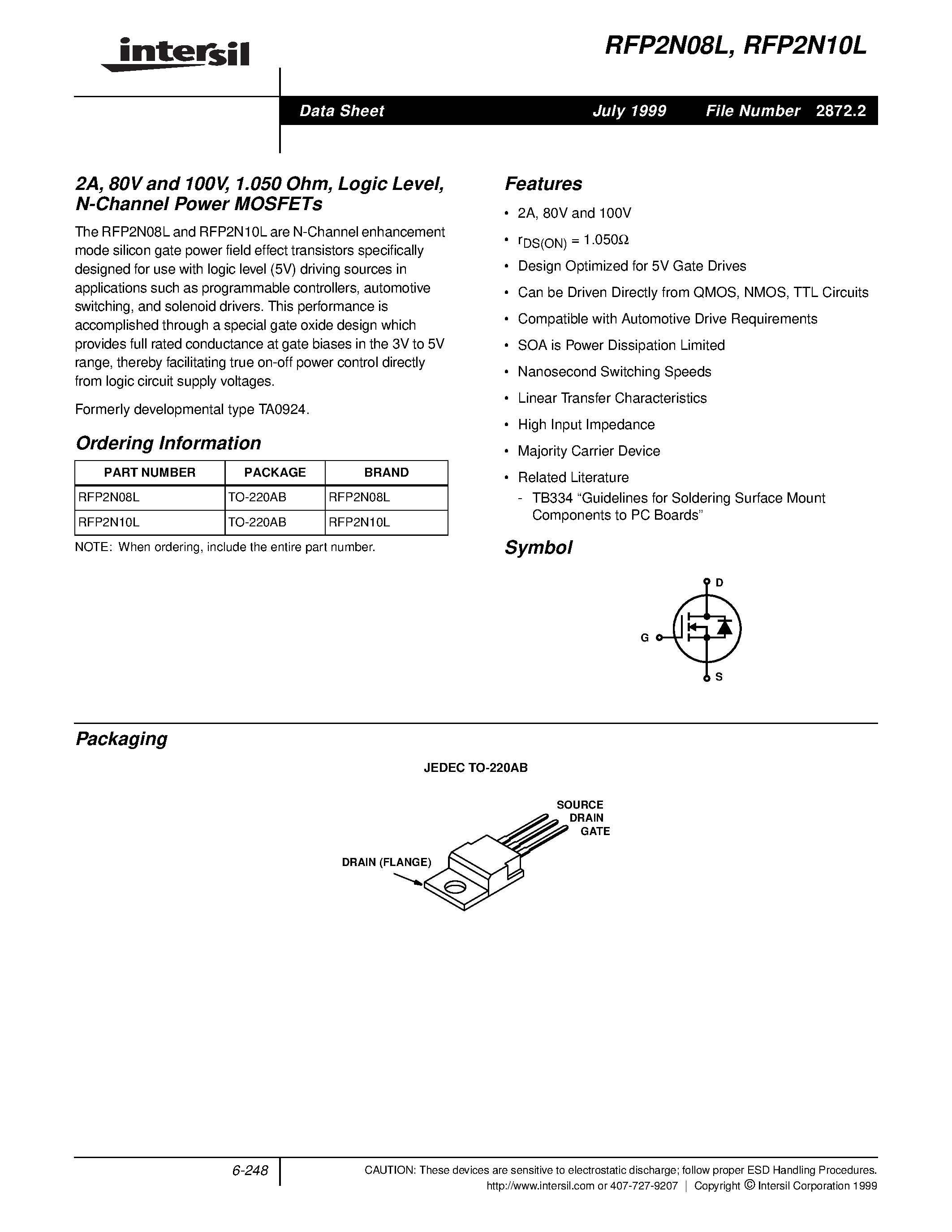 Datasheet RFP2N10L - 2A/ 80V and 100V/ 1.050 Ohm/ Logic Level/ N-Channel Power MOSFETs page 1