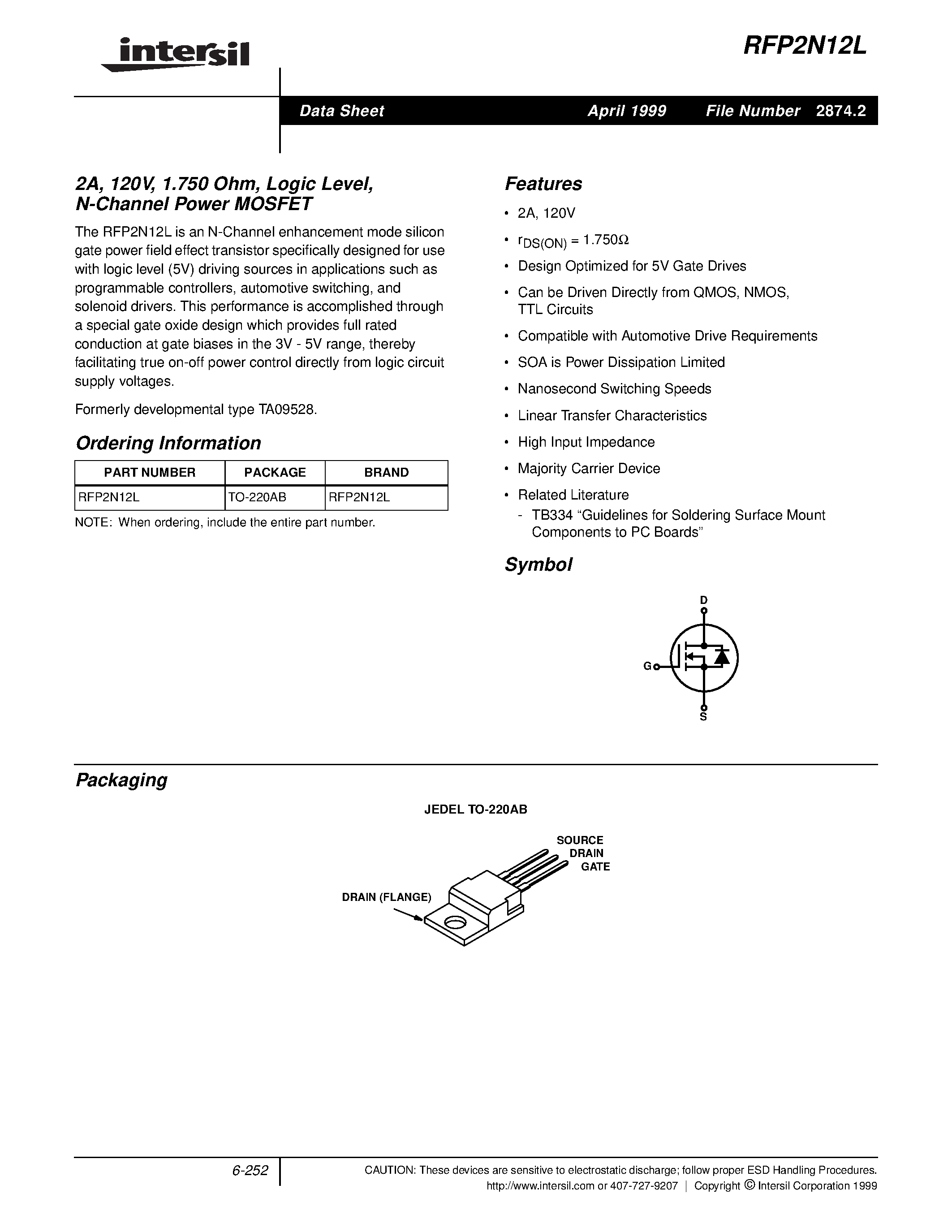 Datasheet RFP2N12L page 1 Datasheet RFP2N12L - 2A/ 120V/ 1.750 Ohm/ Logic Level/ N-Channel Power MOSFET page 1