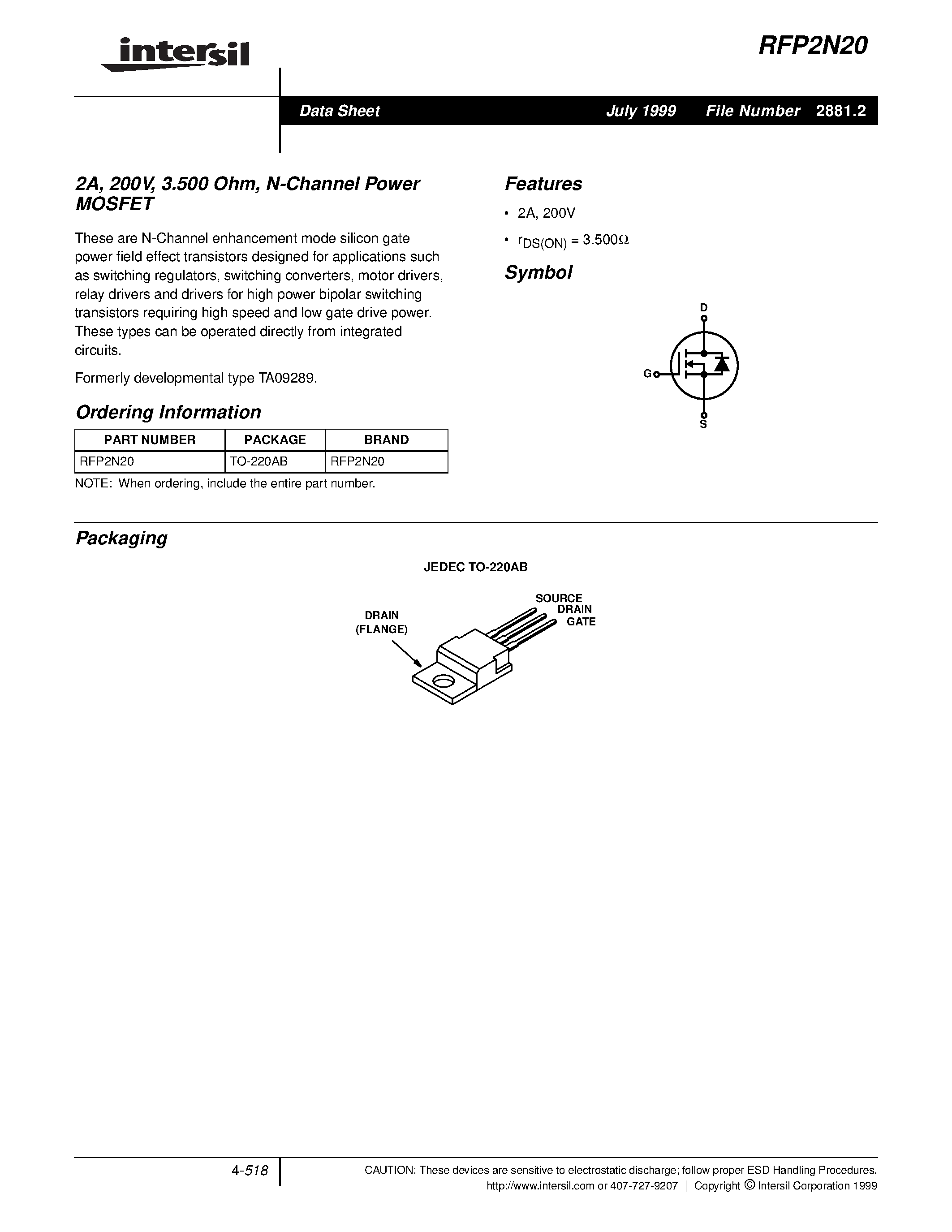 Даташит RFP2N20 - 2A/ 200V/ 3.500 Ohm/ N-Channel Power MOSFET страница 1