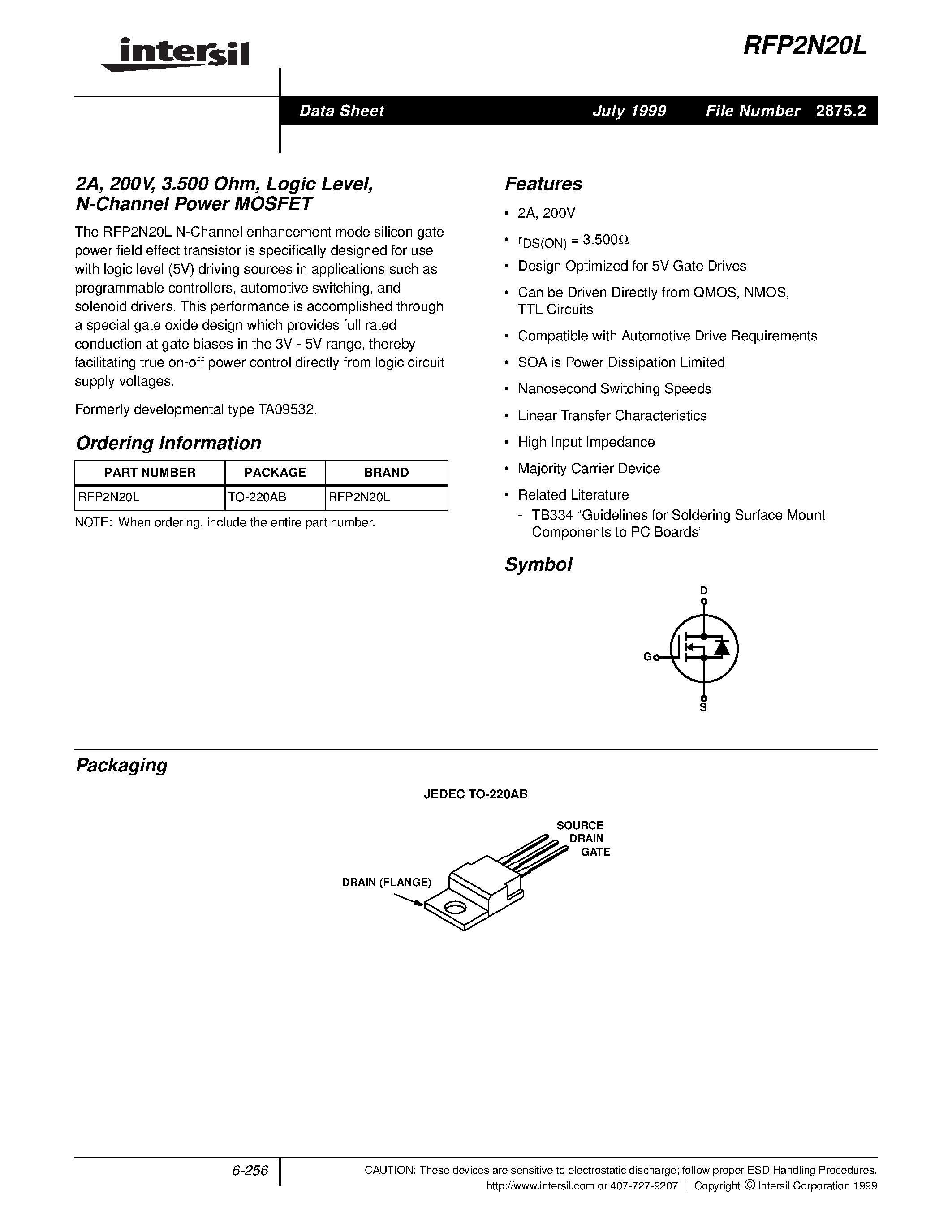 Datasheet RFP2N20L page 1 Datasheet RFP2N20L - 2A/ 200V/ 3.500 Ohm/ Logic Level/ N-Channel Power MOSFET page 1