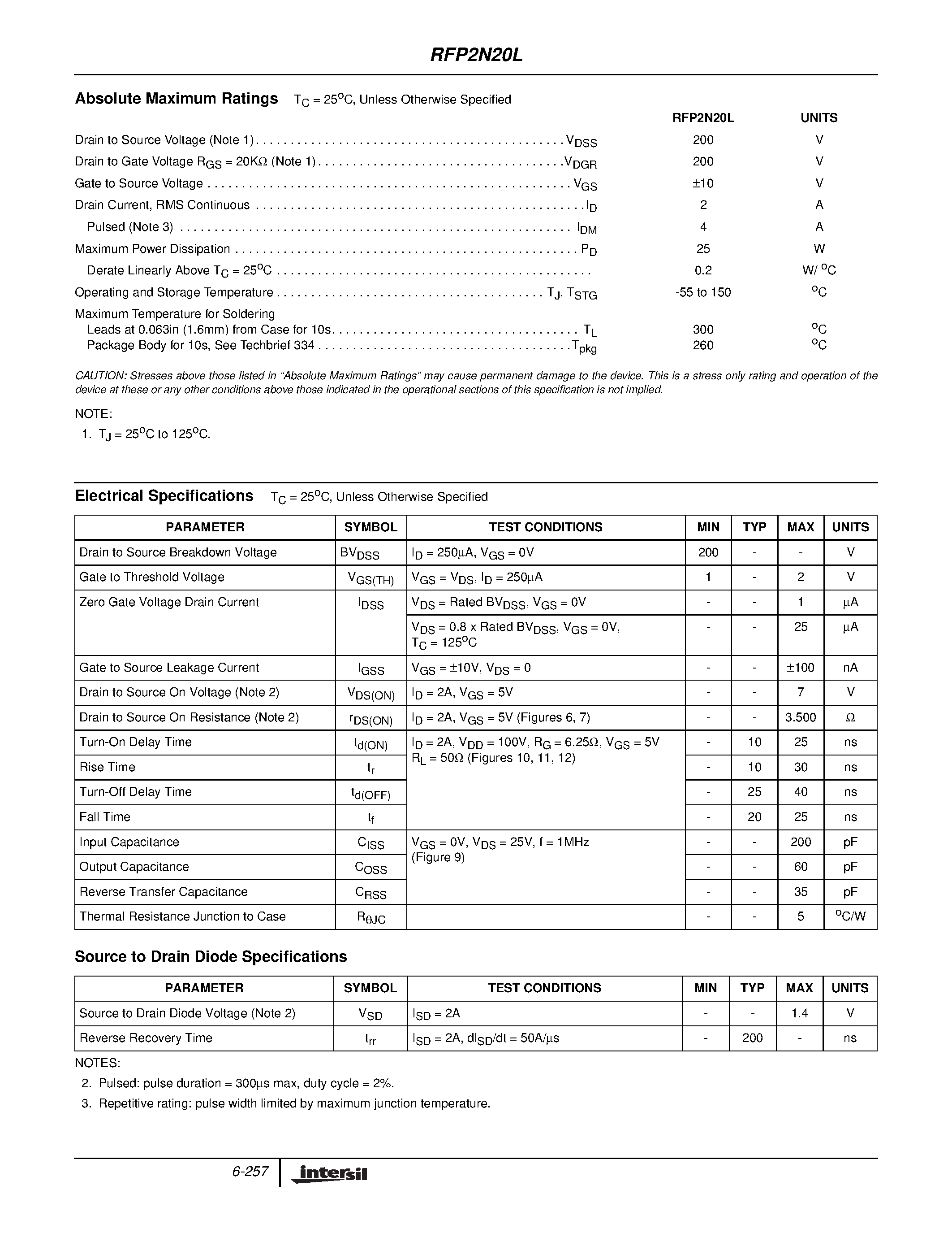 Datasheet RFP2N20L page 2 Datasheet RFP2N20L - 2A/ 200V/ 3.500 Ohm/ Logic Level/ N-Channel Power MOSFET page 2