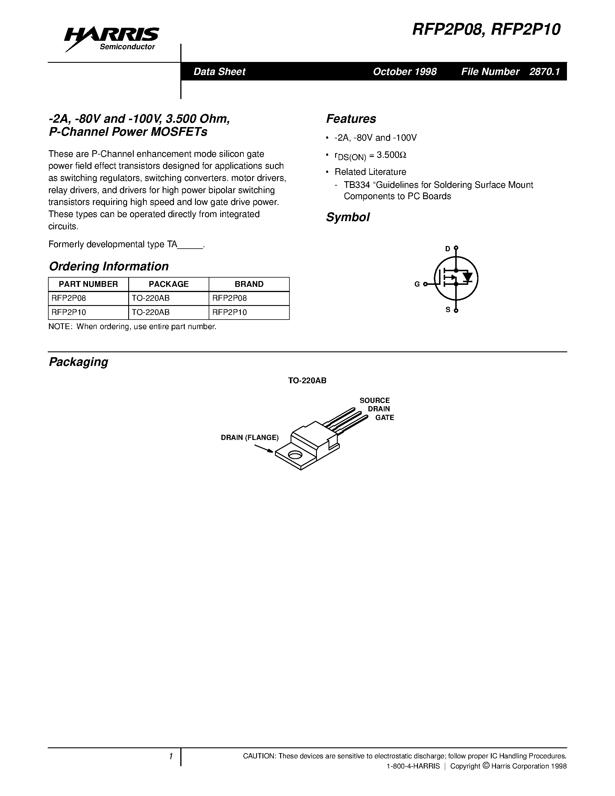 Datasheet RFP2P10 - -2A/ -80V and -100V/ 3.500 Ohm/ P-Channel Power MOSFETs page 1