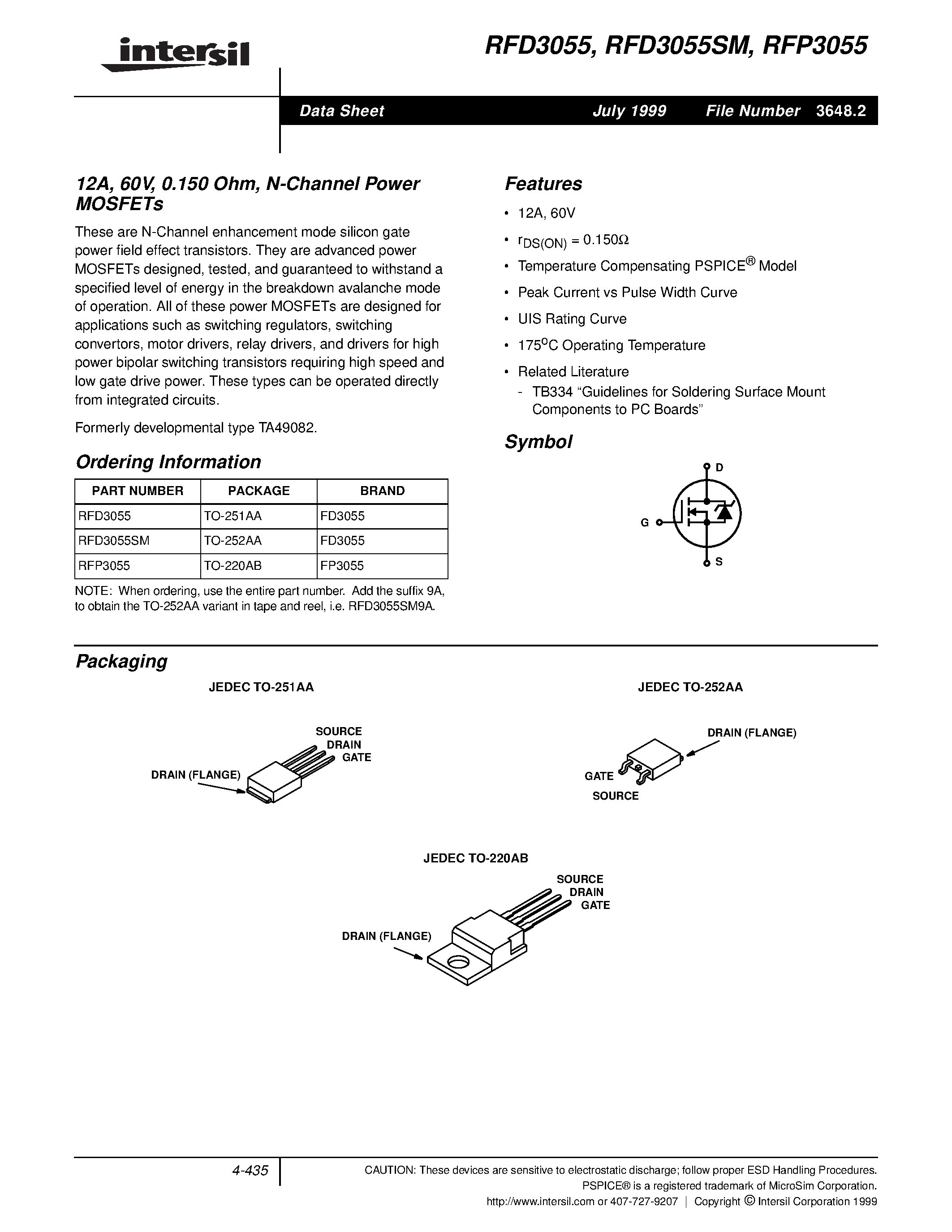 Datasheet RFP3055 - 12A/ 60V/ 0.150 Ohm/ N-Channel Power MOSFETs page 1