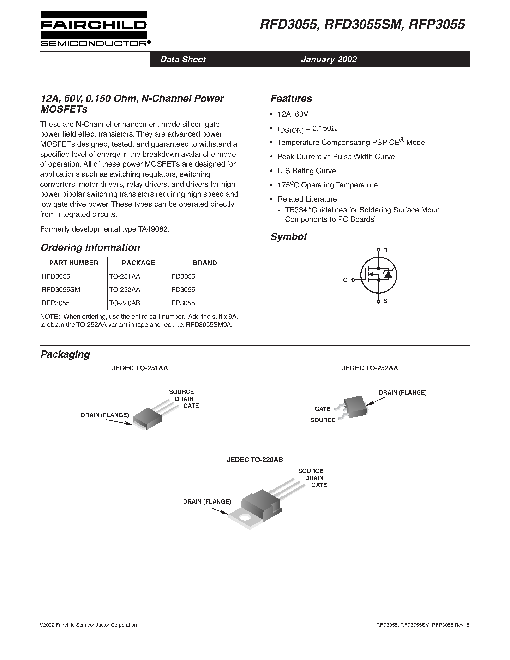 Datasheet RFP3055 page 1 Datasheet RFP3055 - 12A/ 60V/ 0.150 Ohm/ N-Channel Power MOSFETs page 1