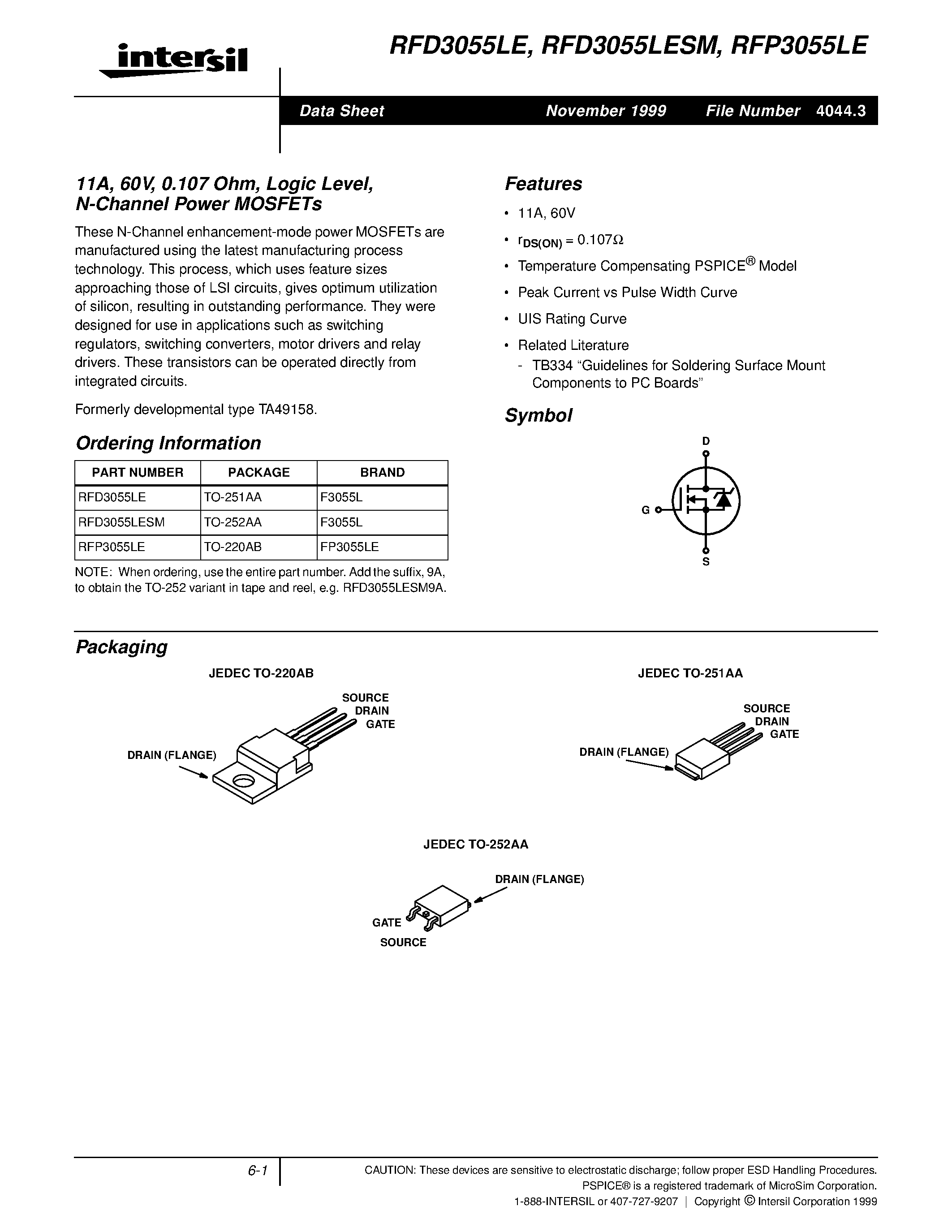 Datasheet RFP3055LE page 1 Datasheet RFP3055LE - 11A/ 60V/ 0.107 Ohm/ Logic Level/ N-Channel Power MOSFETs page 1