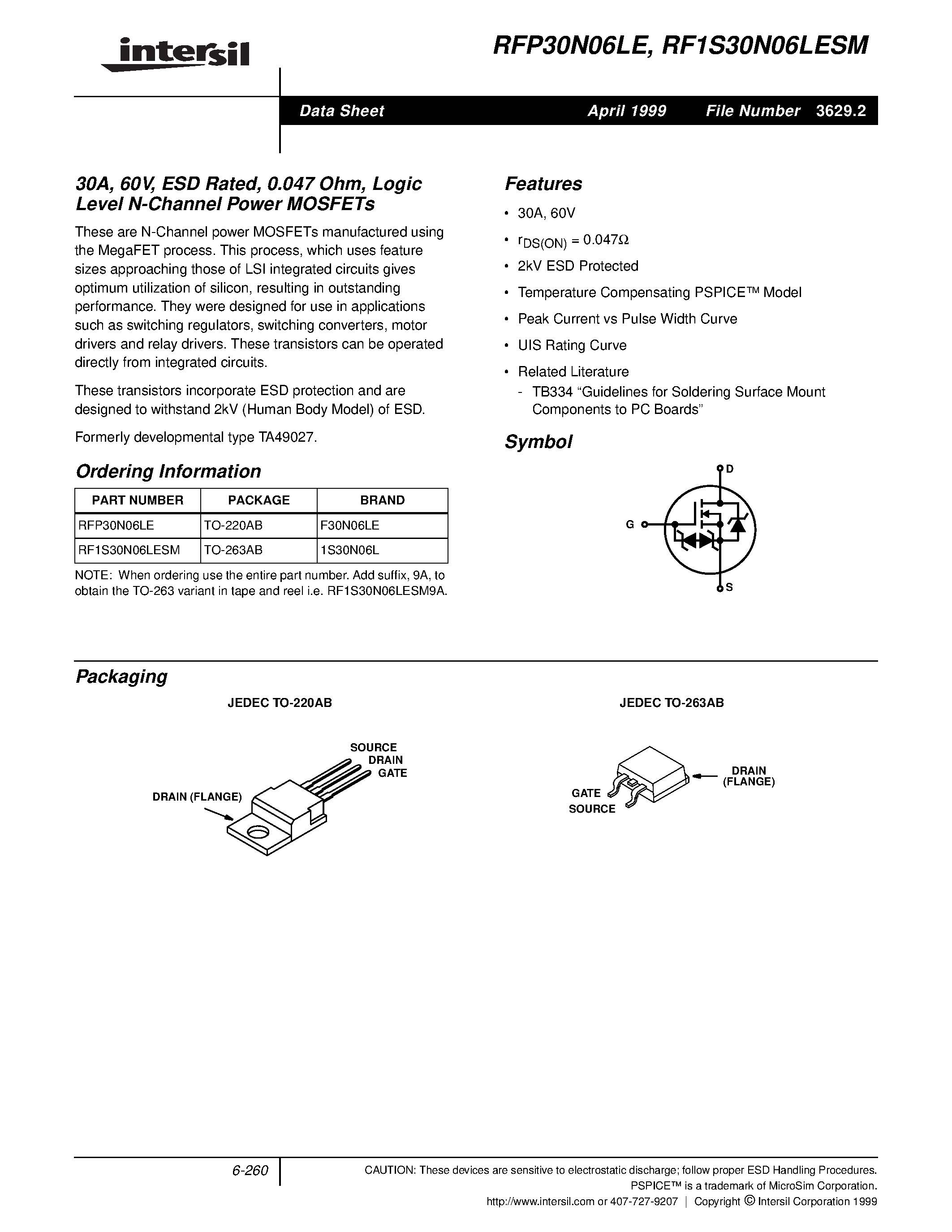 Datasheet RFP30N06LE - 30A/ 60V/ ESD Rated/ 0.047 Ohm/ Logic Level N-Channel Power MOSFETs page 1