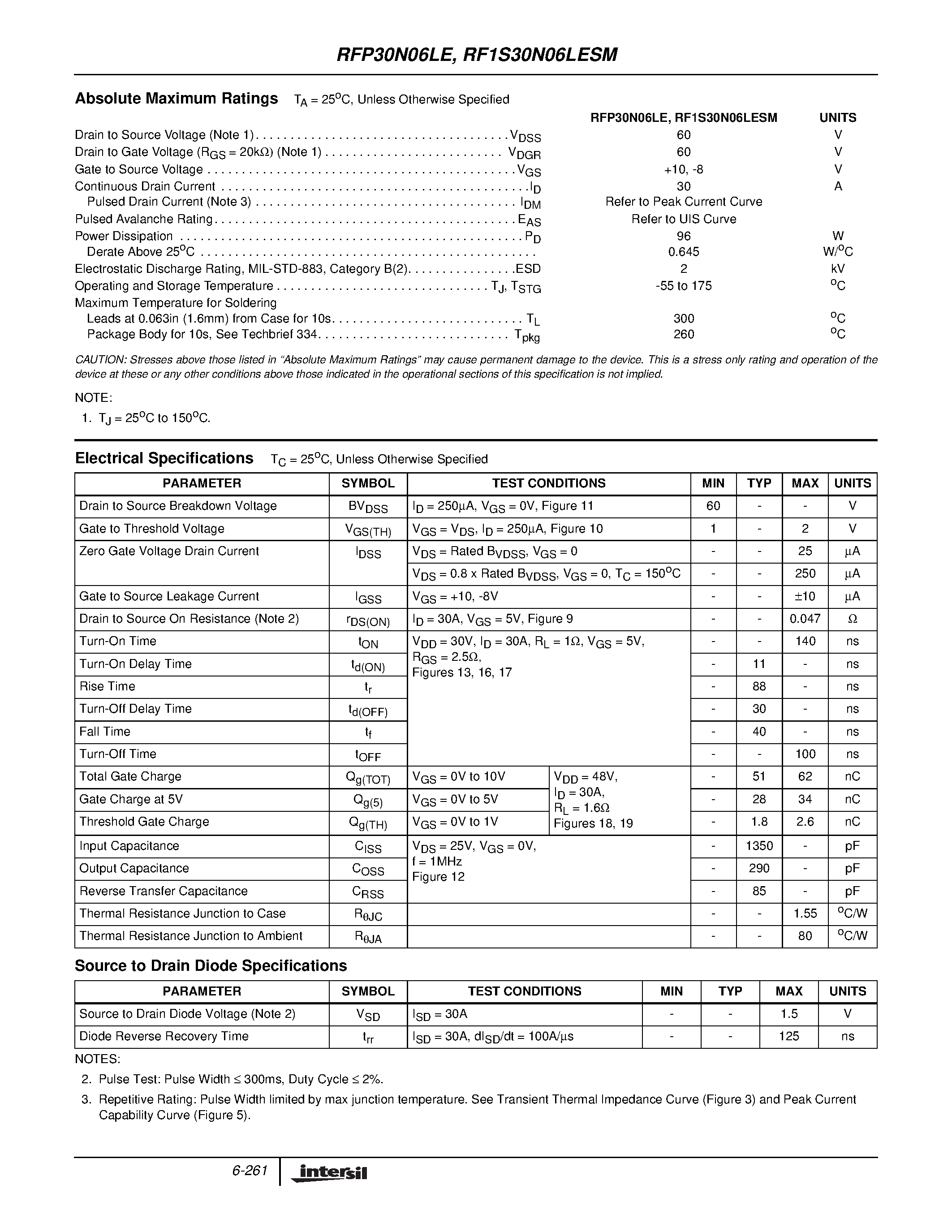 Datasheet RFP30N06LE - 30A/ 60V/ ESD Rated/ 0.047 Ohm/ Logic Level N-Channel Power MOSFETs page 2