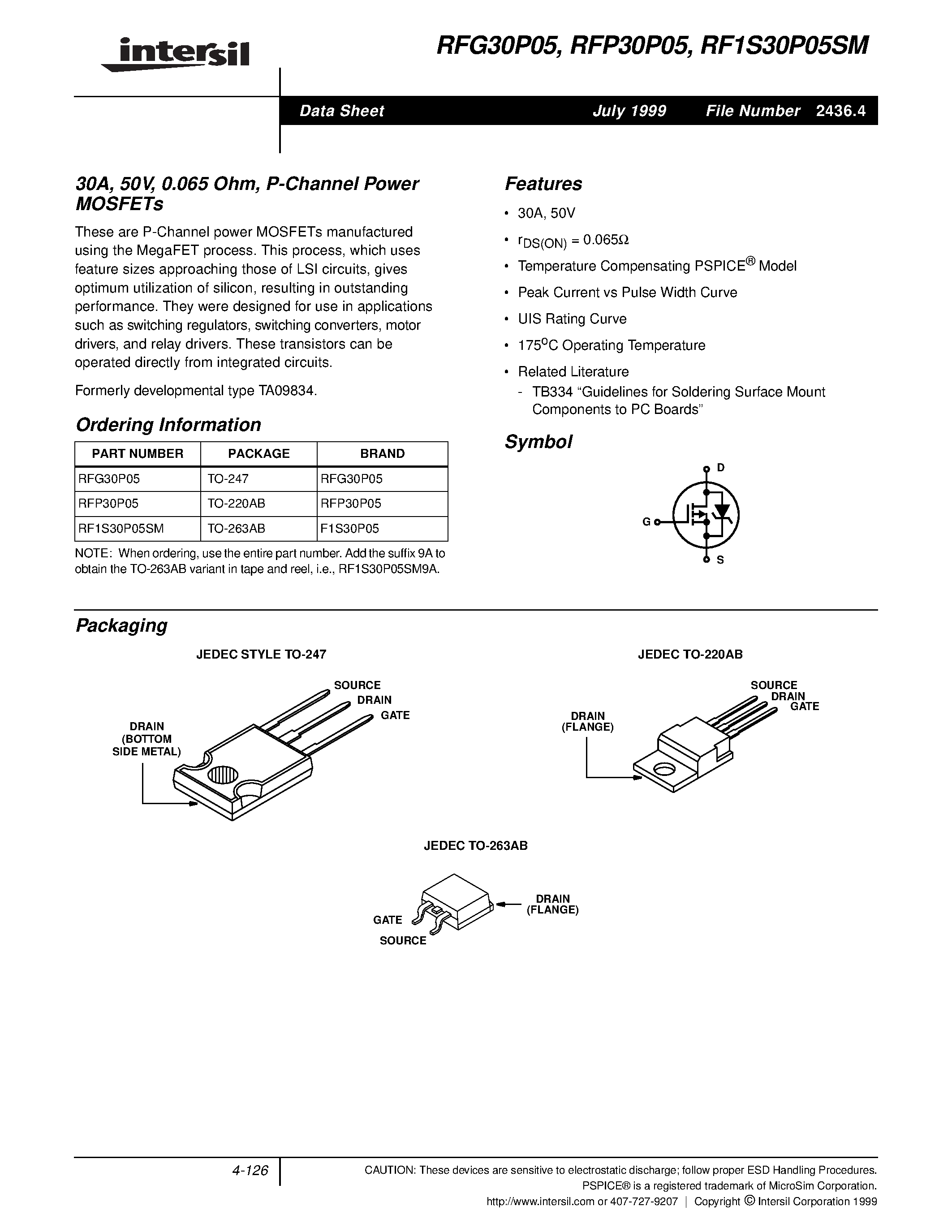 Datasheet RFP30P05 - 30A/ 50V/ 0.065 Ohm/ P-Channel Power MOSFETs page 1