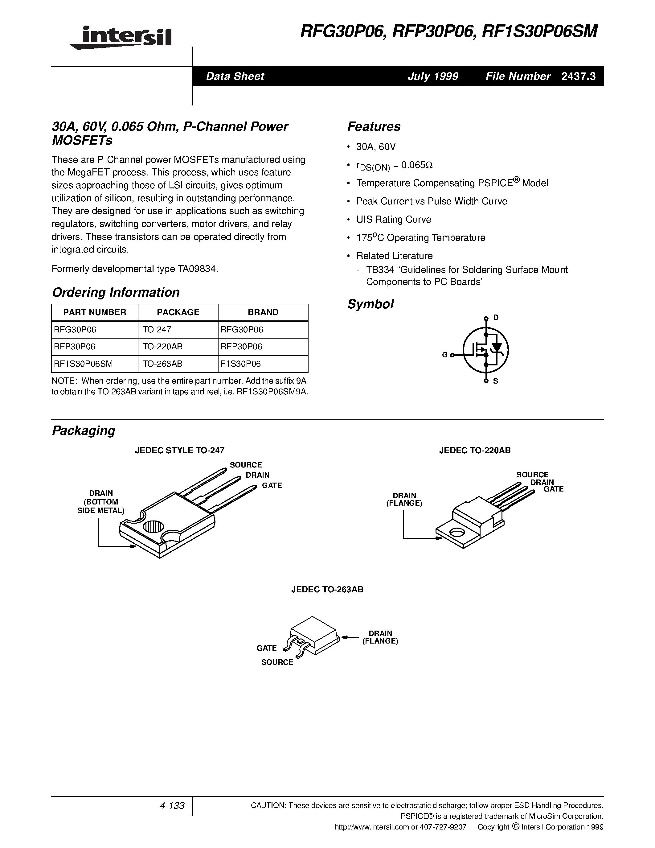 Datasheet RFP30P06 - 30A/ 60V/ 0.065 Ohm/ P-Channel Power MOSFETs page 1