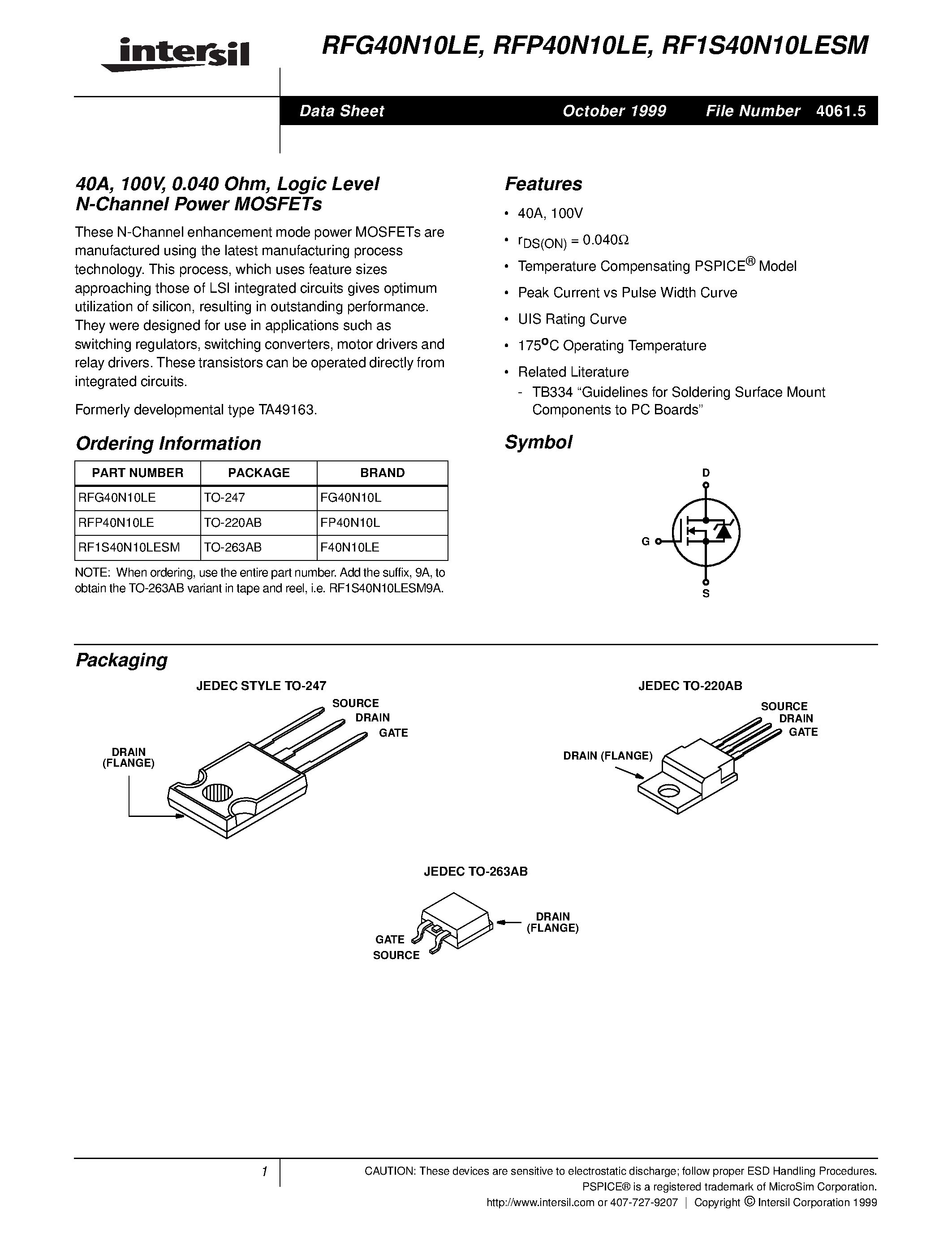Datasheet RFP40N10LE - 40A/ 100V/ 0.040 Ohm/ Logic Level N-Channel Power MOSFETs page 1