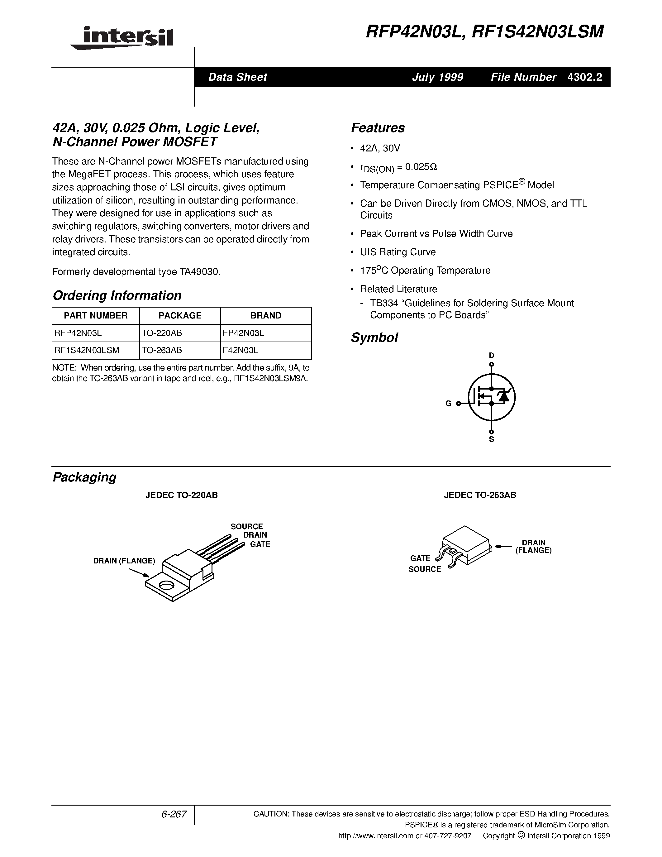Datasheet RFP42N03L - 42A/ 30V/ 0.025 Ohm/ Logic Level/ N-Channel Power MOSFET page 1