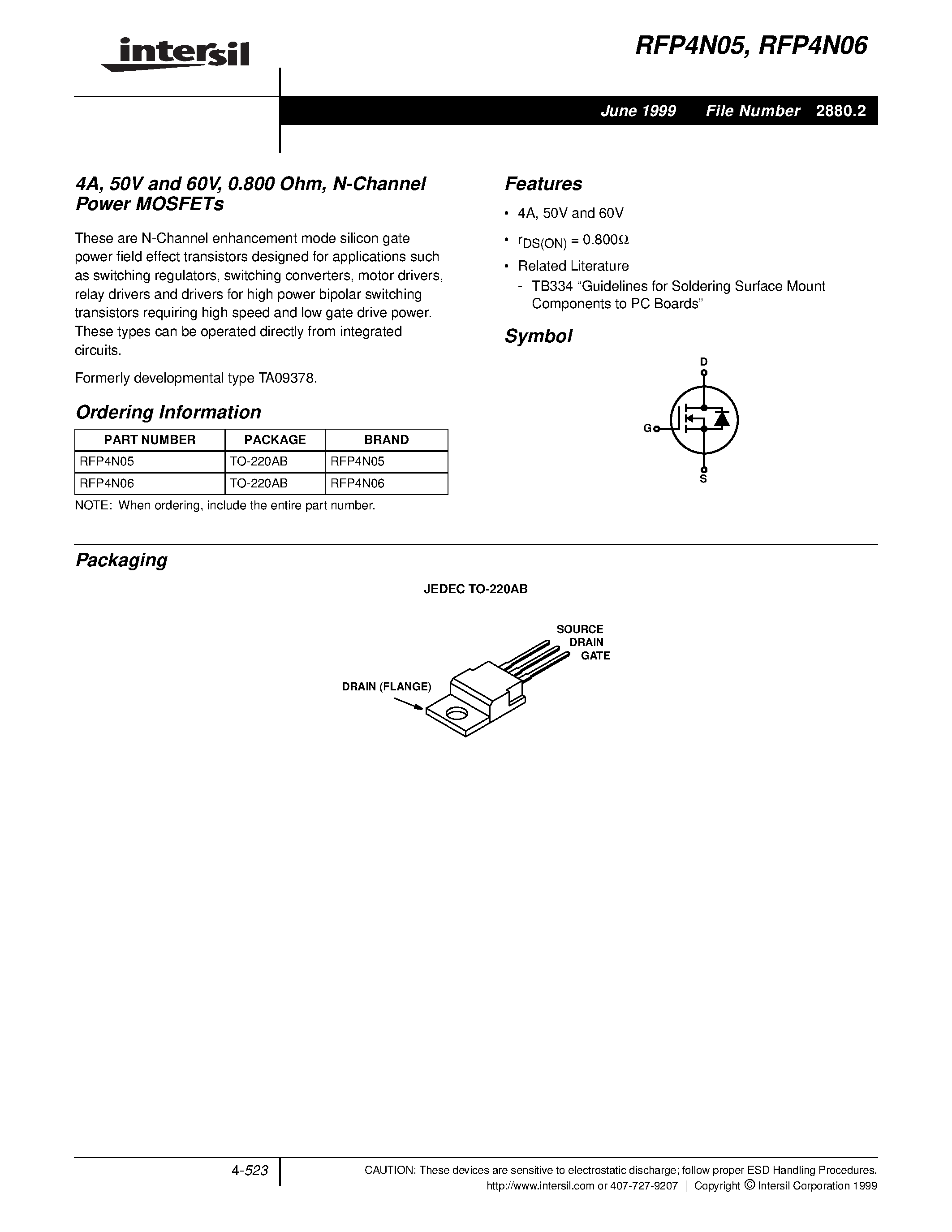 Datasheet RFP4N05 - 4A/ 50V and 60V/ 0.800 Ohm/ N-Channel Power MOSFETs page 1