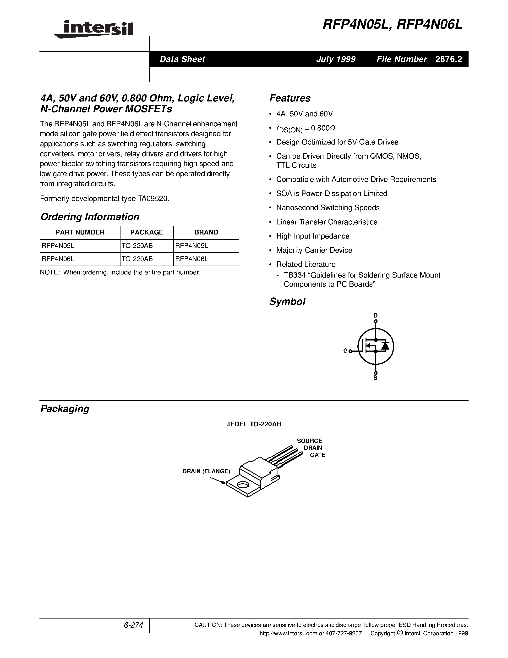 Datasheet RFP4N05L - 4A/ 50V and 60V/ 0.800 Ohm/ Logic Level/ N-Channel Power MOSFETs page 1