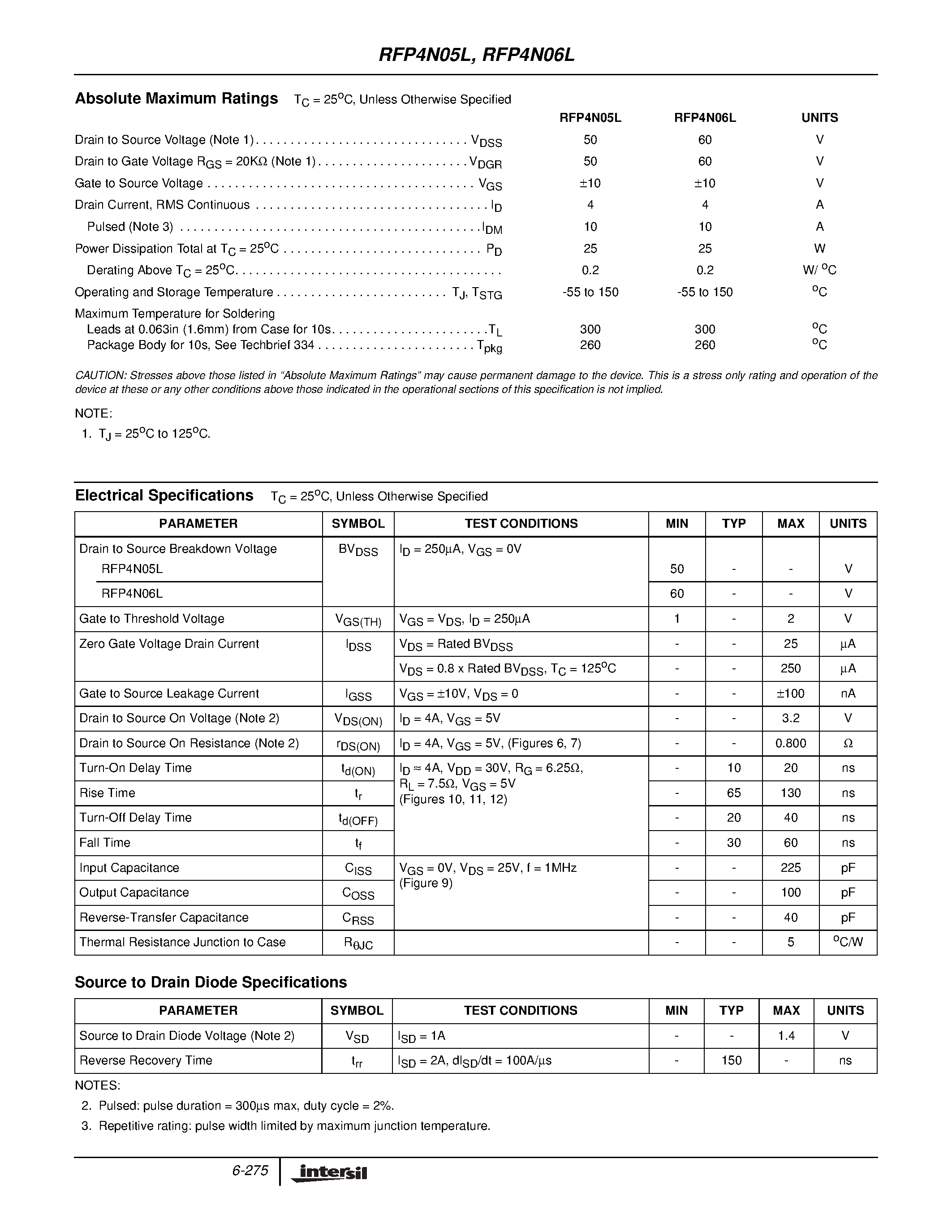 Datasheet RFP4N05L - 4A/ 50V and 60V/ 0.800 Ohm/ Logic Level/ N-Channel Power MOSFETs page 2