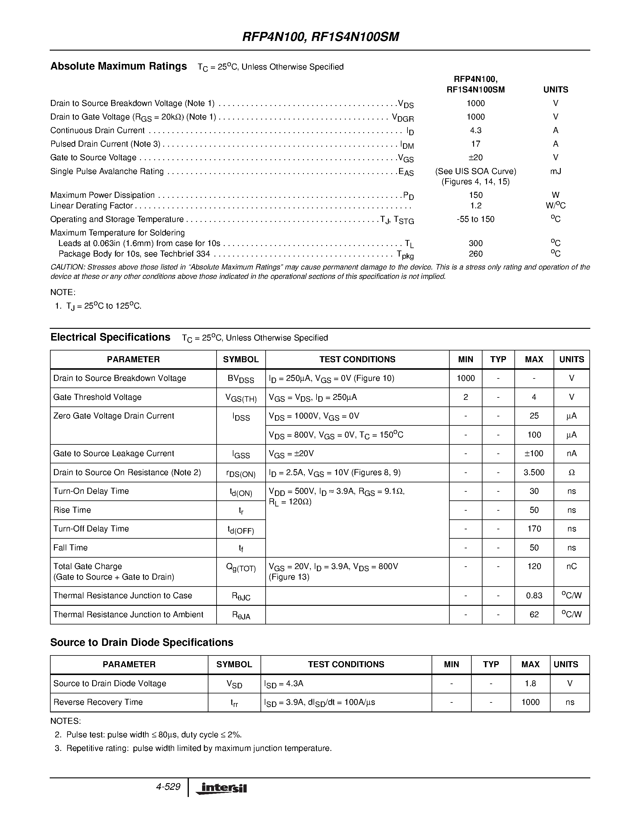 Datasheet RFP4N100 - 4.3A/ 1000V/ 3.500 Ohm/ High Voltage/ N-Channel Power MOSFETs page 2