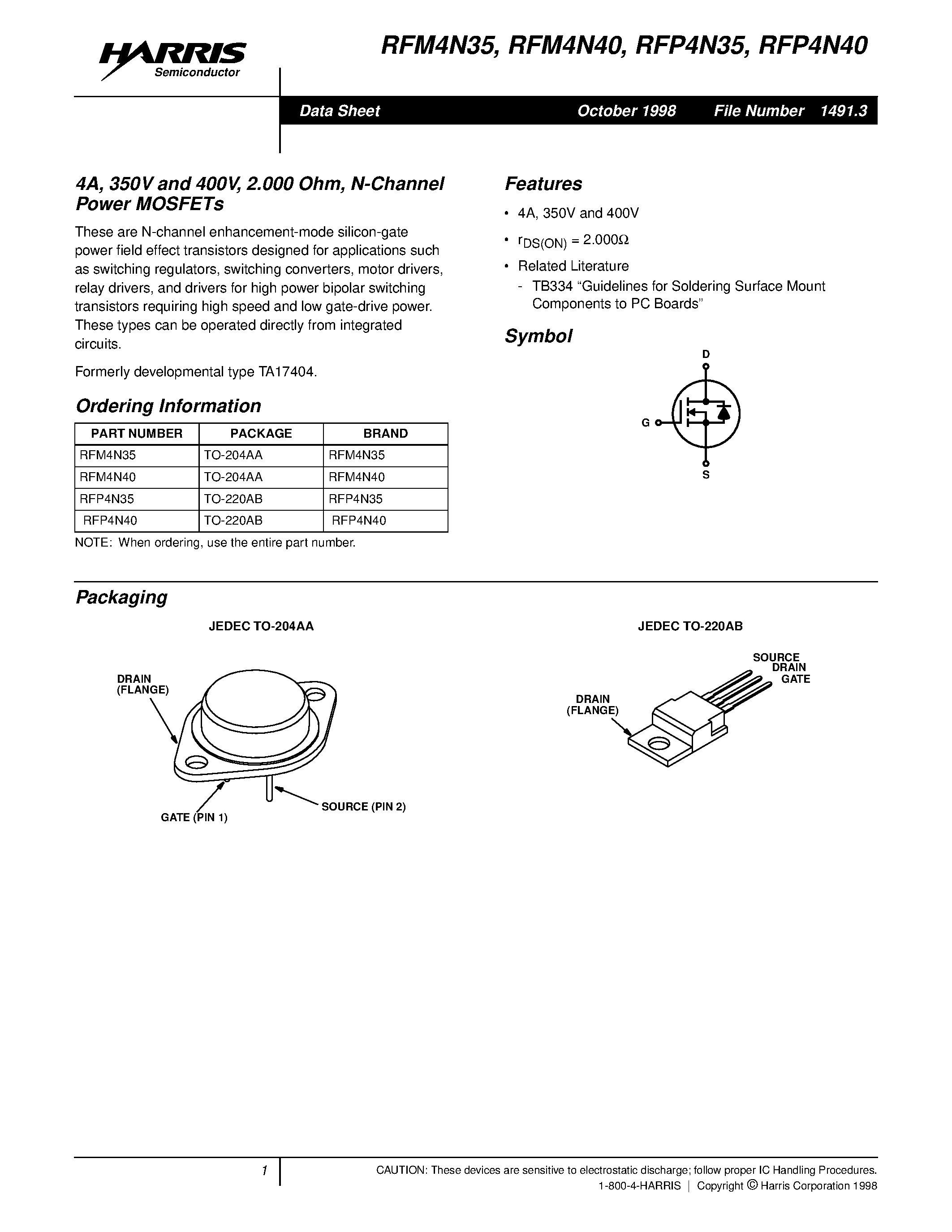 Datasheet RFP4N35 page 1 Datasheet RFP4N35 - 4A/ 350V and 400V/ 2.000 Ohm/ N-Channel Power MOSFETs page 1