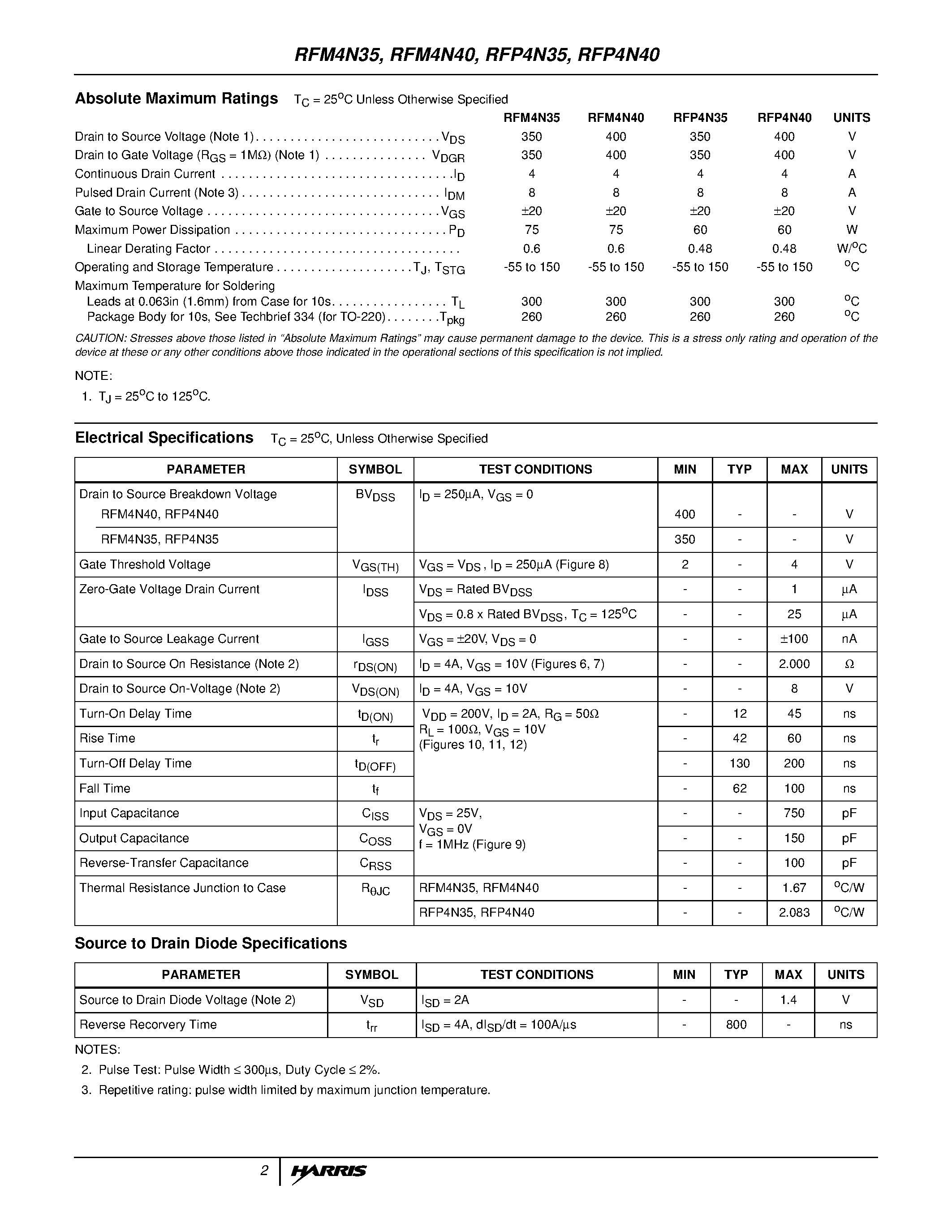 Datasheet RFP4N40 - 4A/ 350V and 400V/ 2.000 Ohm/ N-Channel Power MOSFETs page 2